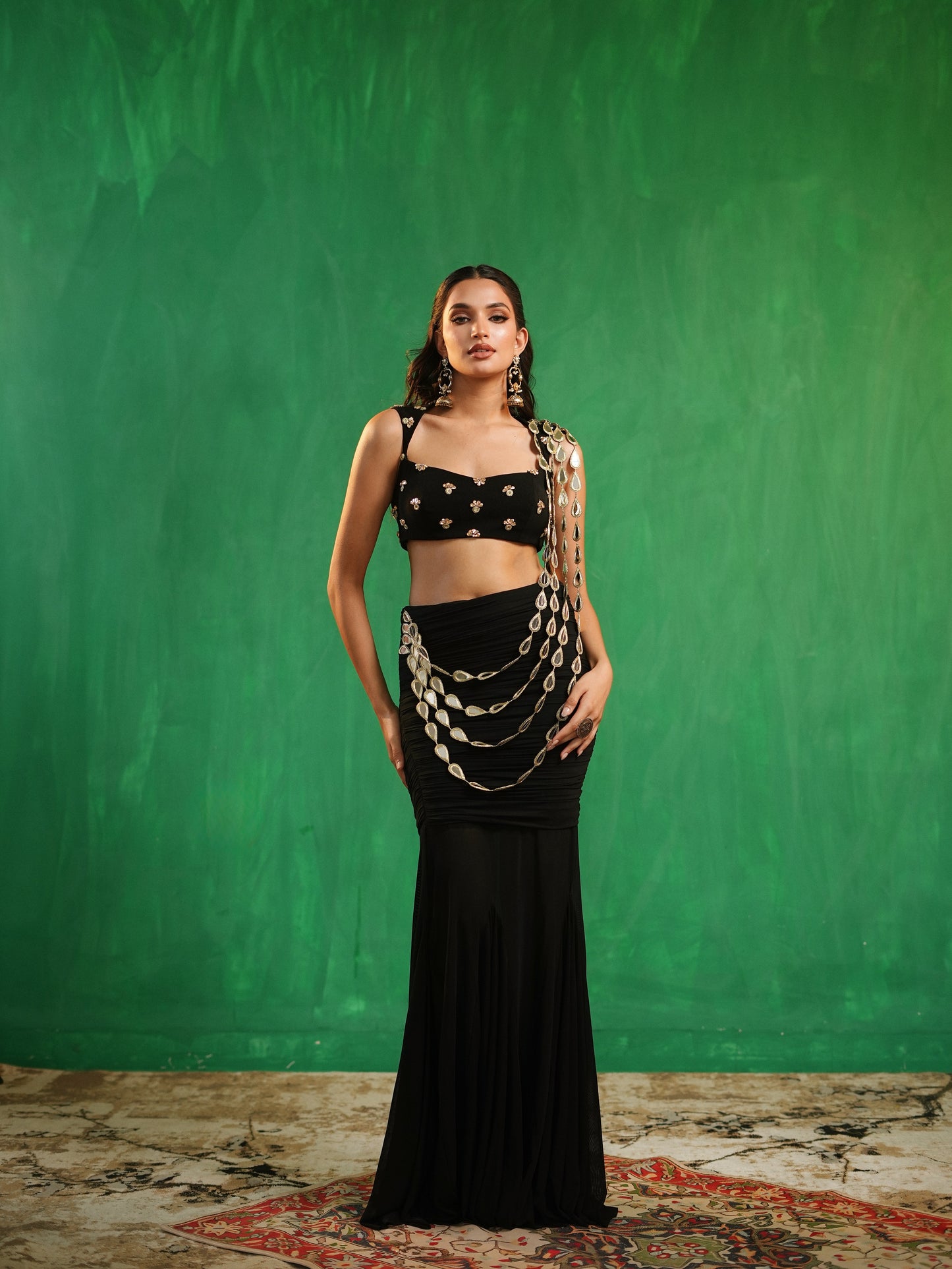 Black Heavy Mirror Draped Indo Saree Set (Set of 2)