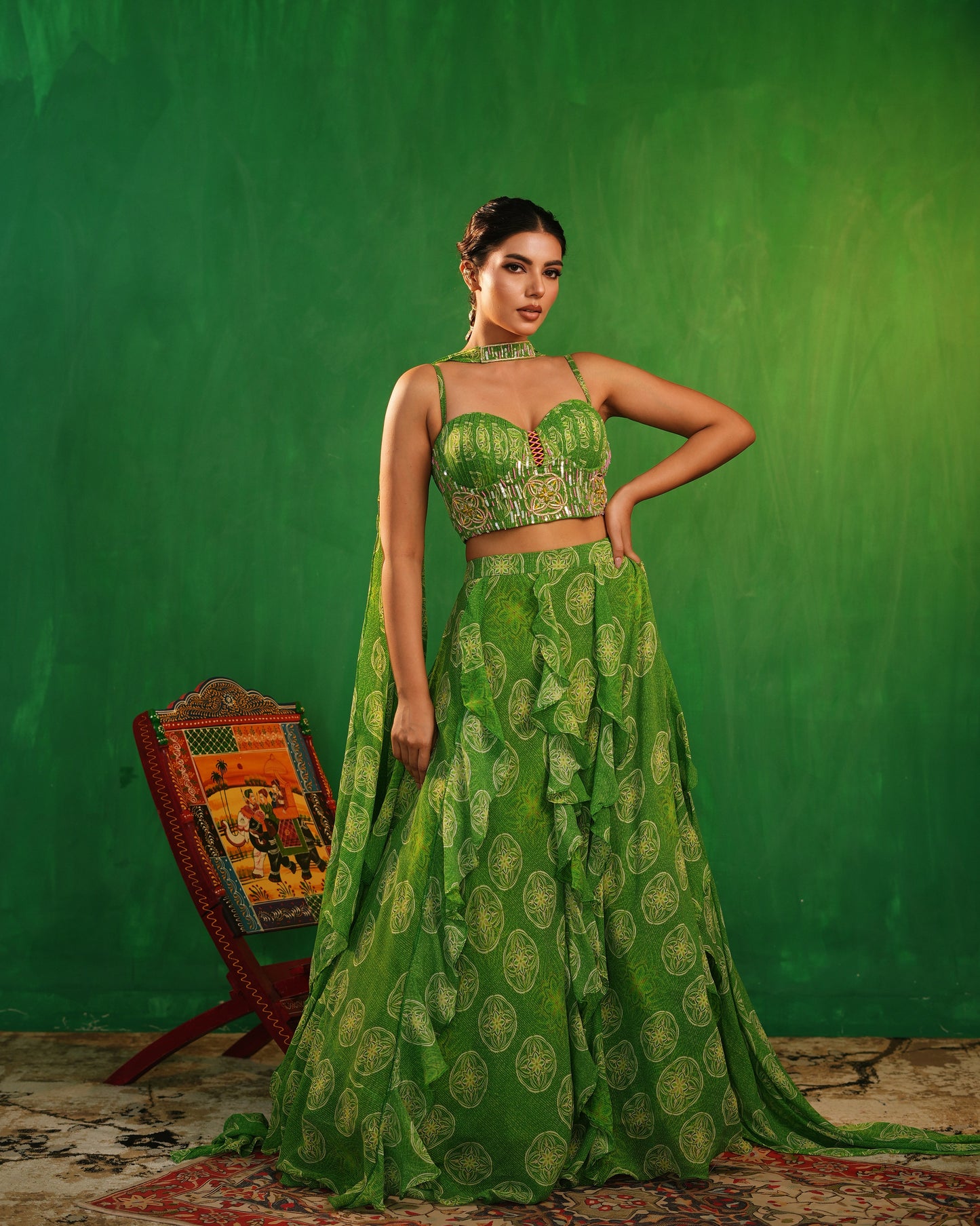 Lime Green Ruffle Lehenga Set (Set of 3)