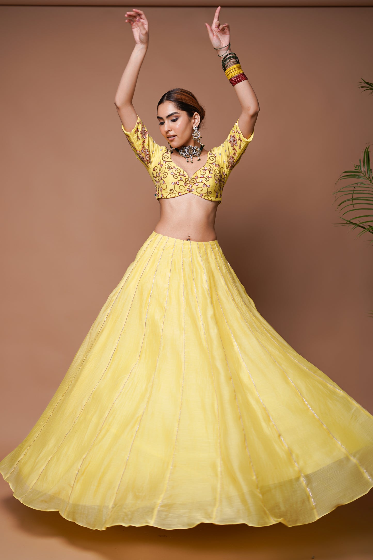 YELLOW CHANDERI LEHENGA SET (SET OF 3)