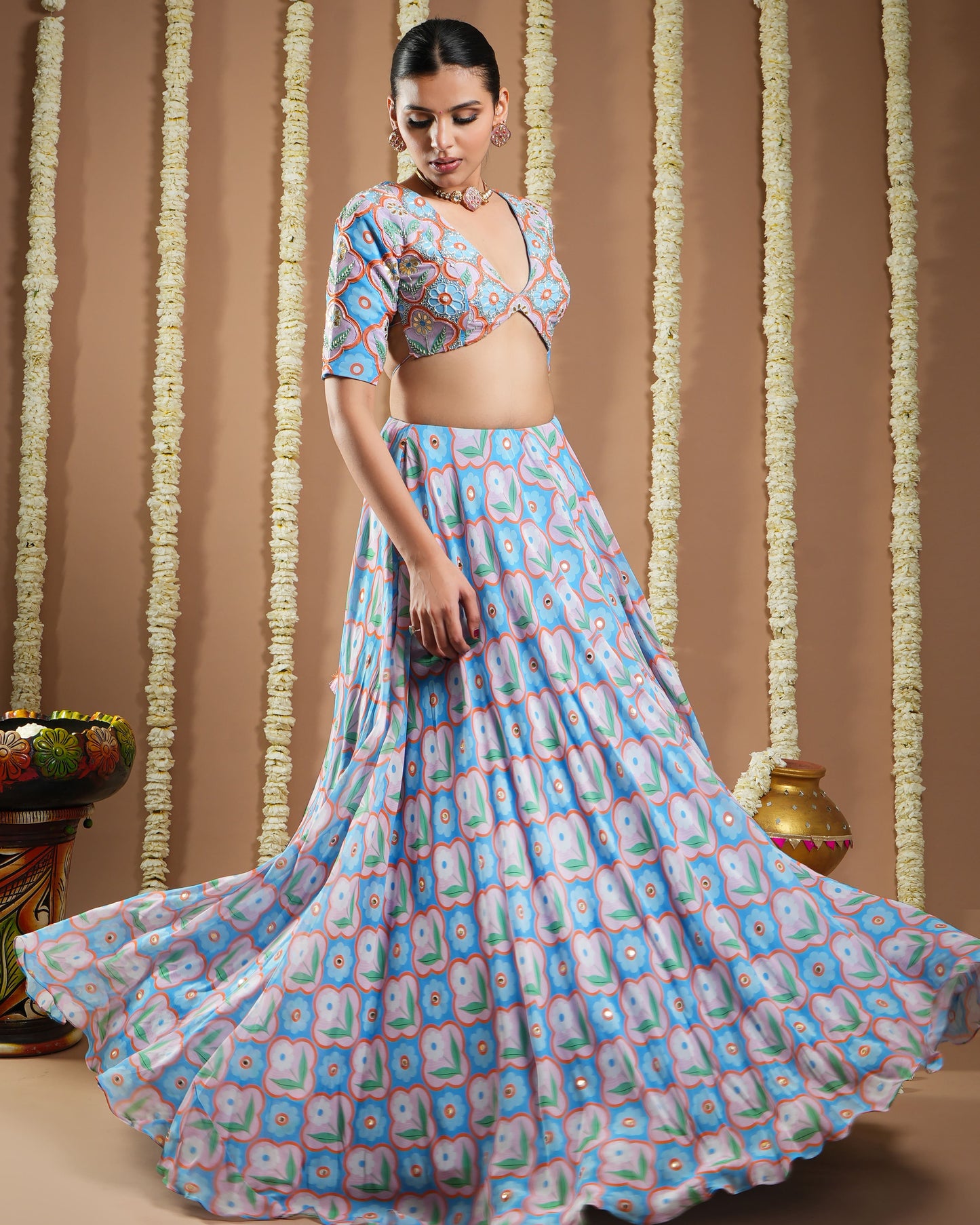 Endless Sky Blue Printed Lehenga Set (Set Of 3)