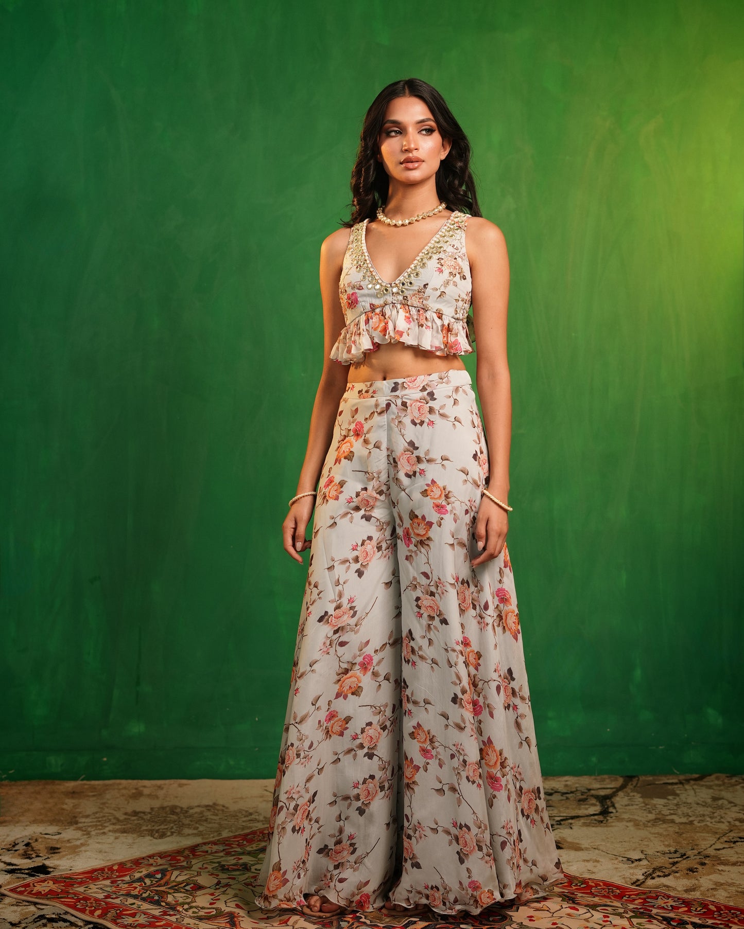 Sky Blue Floral Printed Backless Indo Set  (Set of 2)