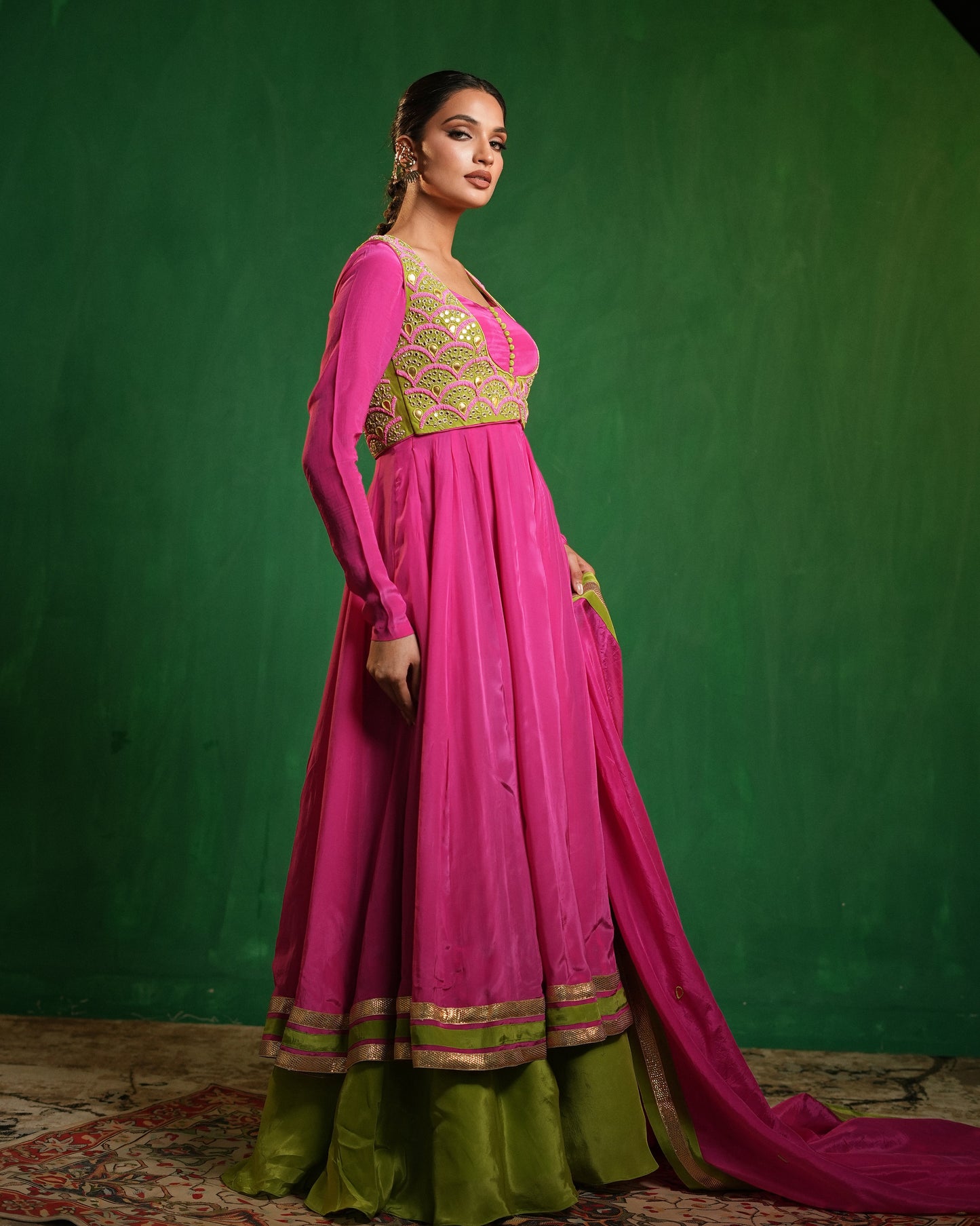 Fuschia Pink - Lime Green Heavy Anarkali Set (Set of 4)