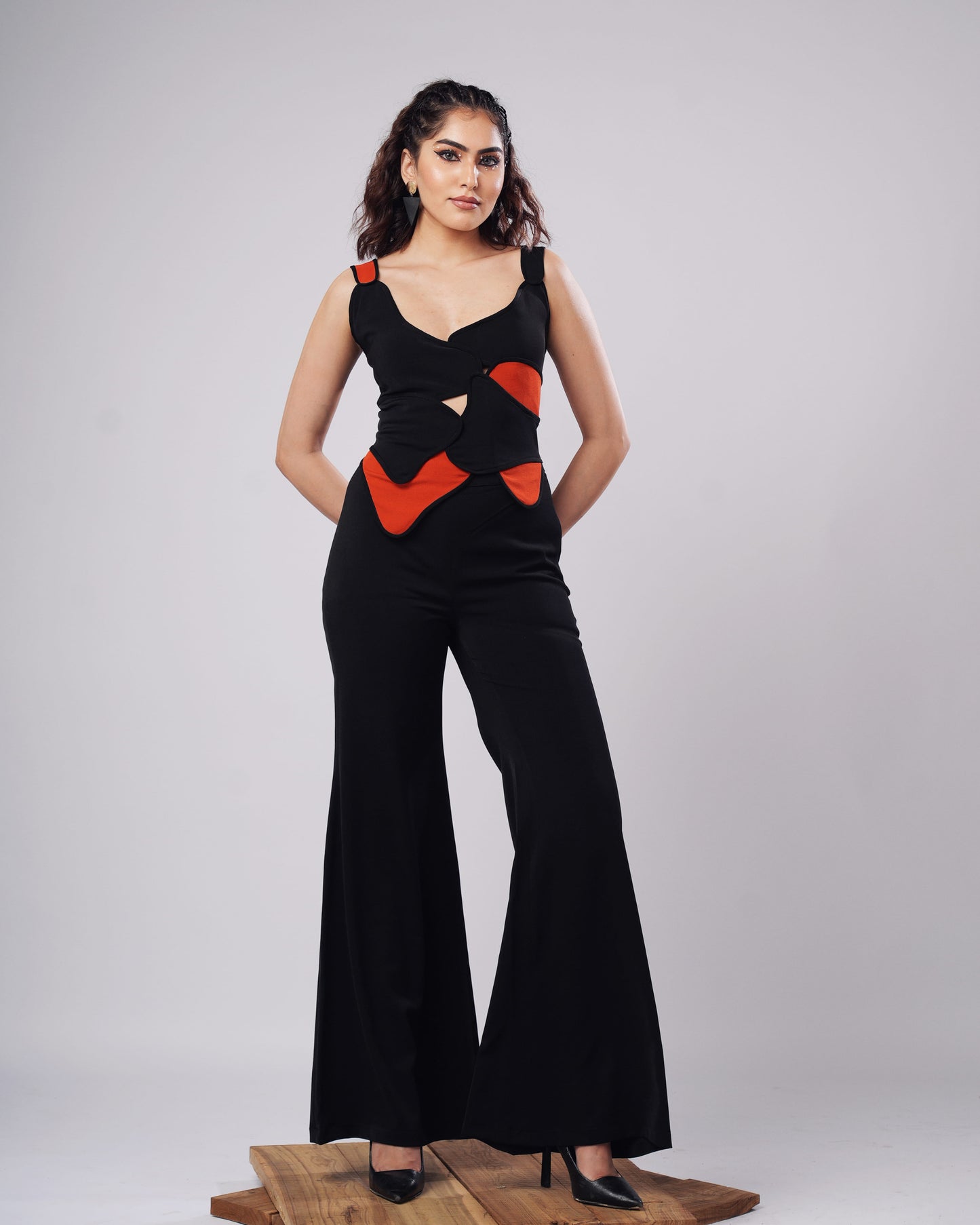 Helen - Black & Rust Sculpted Corset Top With Flared Trouser