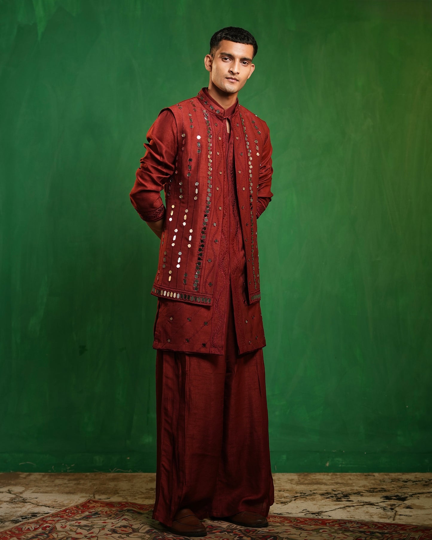 Deep Maroon Embellished Kurta Jacket Set (Set of 3)