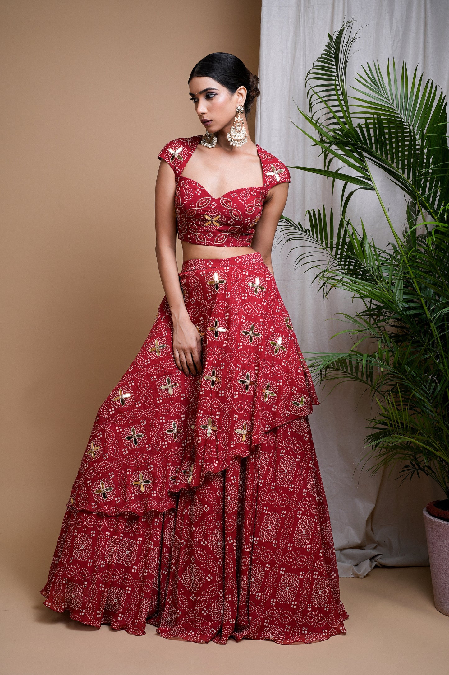 RED BANDHANI DIGITAL PRINT INDO LEHENGA SET  (SET OF 2)