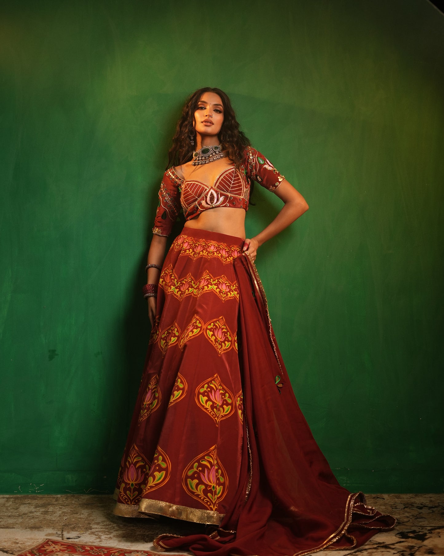 Maroon Lotus Aangi Heavy Lehenga Set (Set of 3)