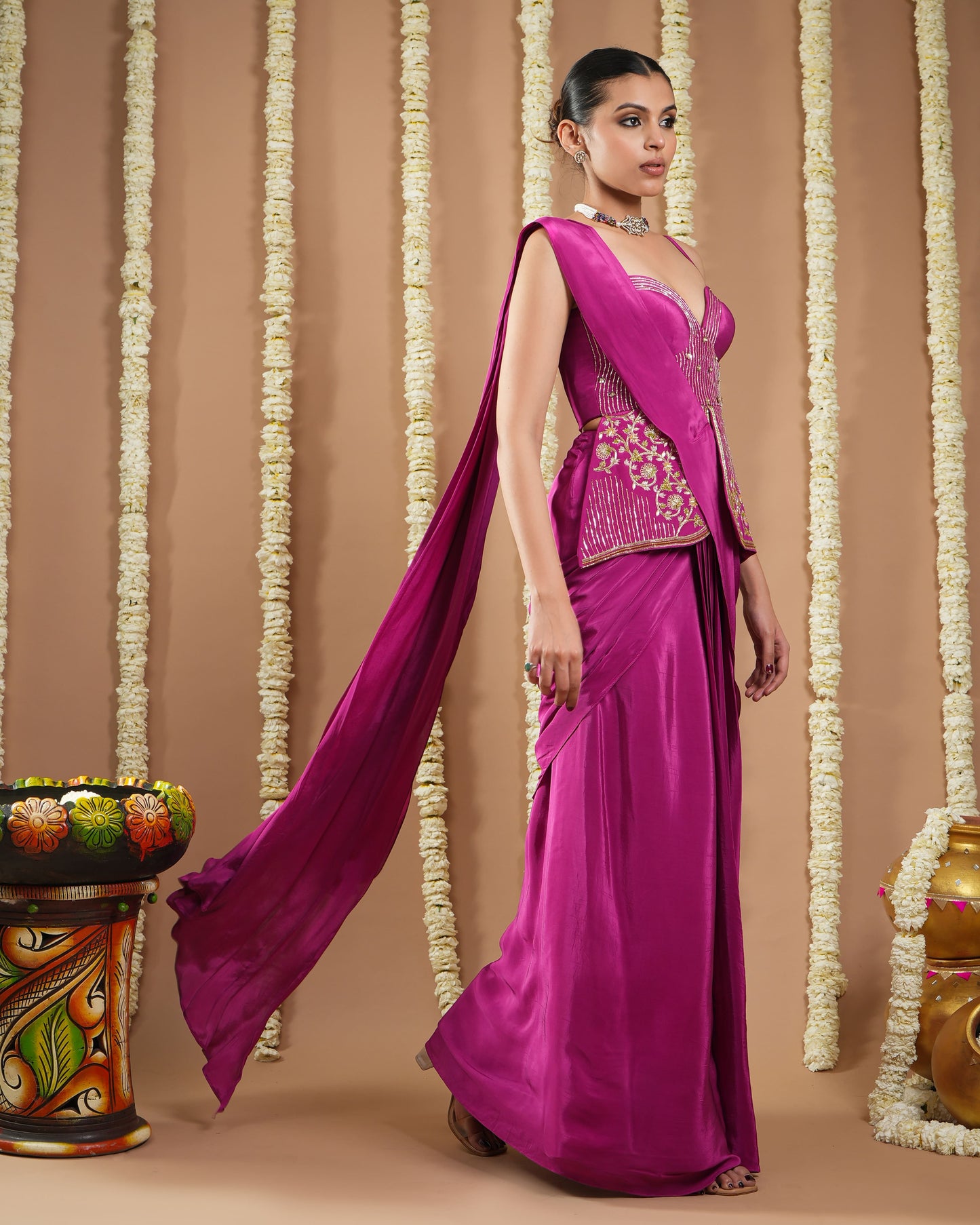 Grape Wine Long Corset Pre - Draped Saree  (Set Of 2)