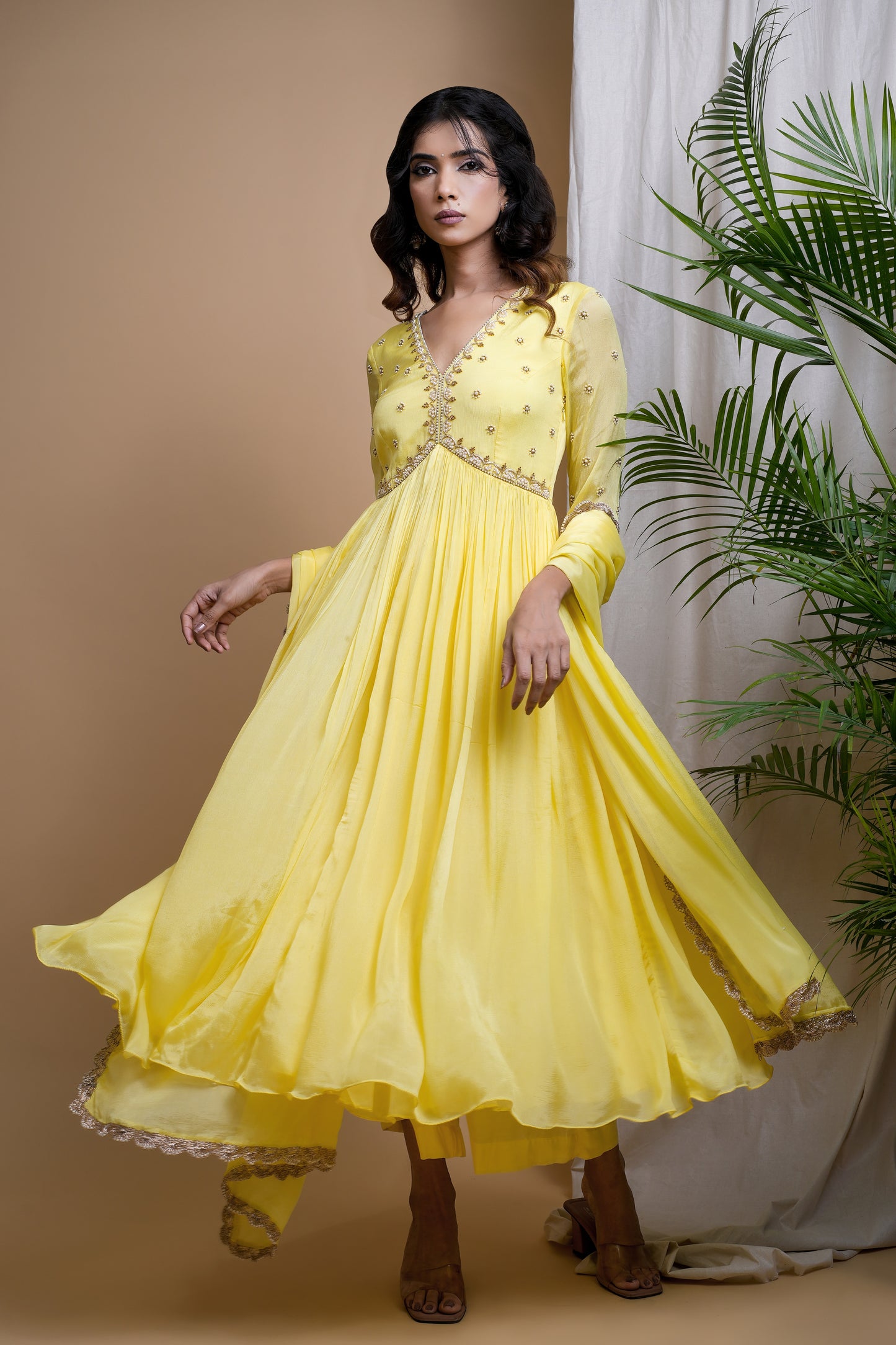 YELLOW CHIFFON ANARKALI SET (SET OF 3)