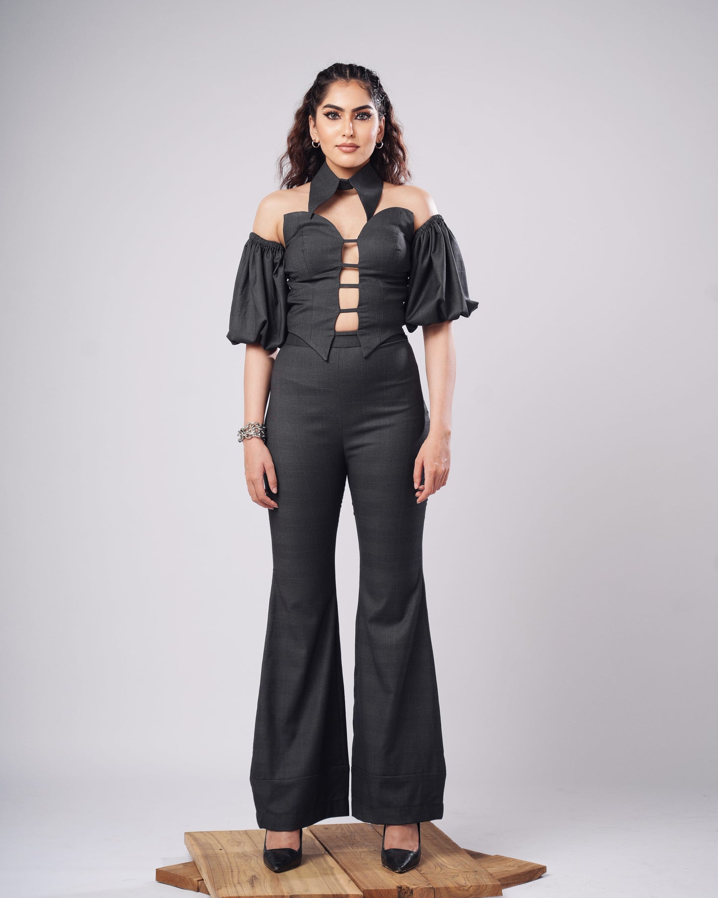 Heidi - Charcoal Check Corset Top With Puff Sleeves & Flared Trousers (SET OF 4)