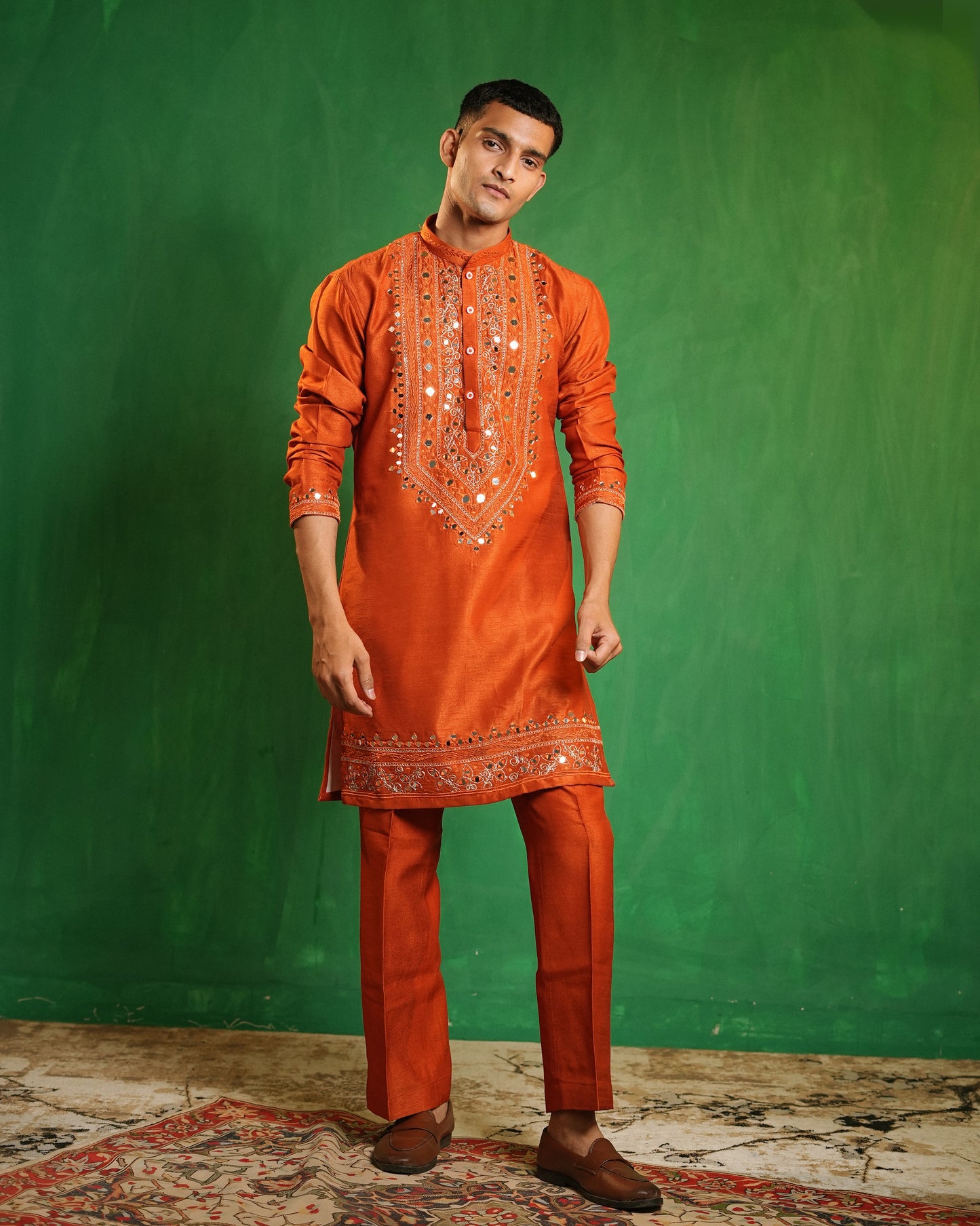 Rust Ember Mirror Work Embroidered Kurta Set (Set of 3)