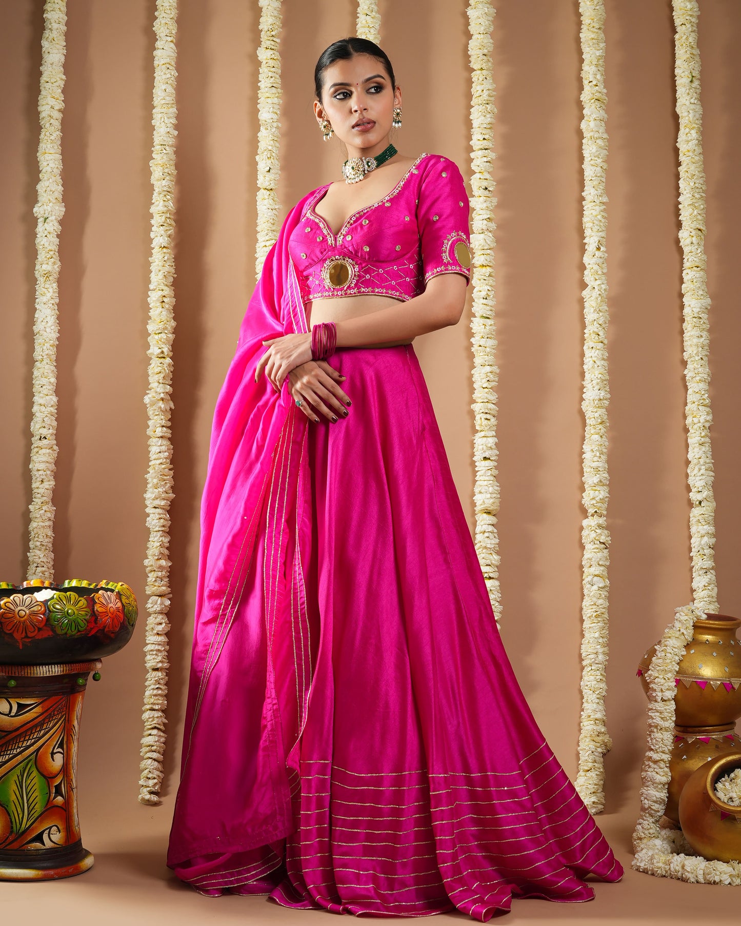 Hot Pink Silk Heavy Lehenga Set (Set Of 3)