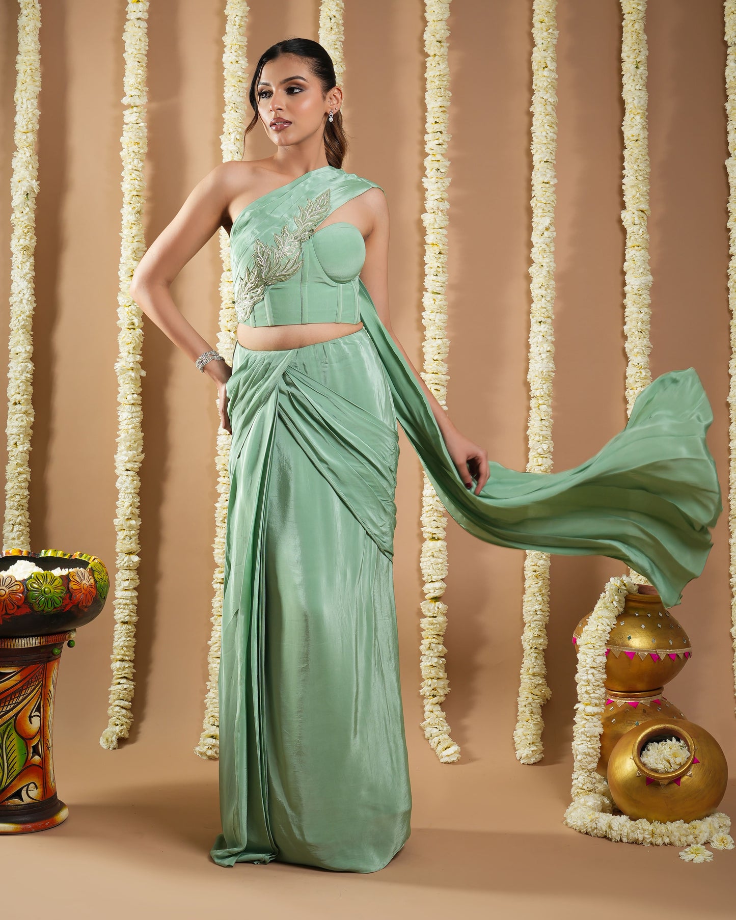 Mint Green Patchwork Corset Draped Saree (Set of 2)