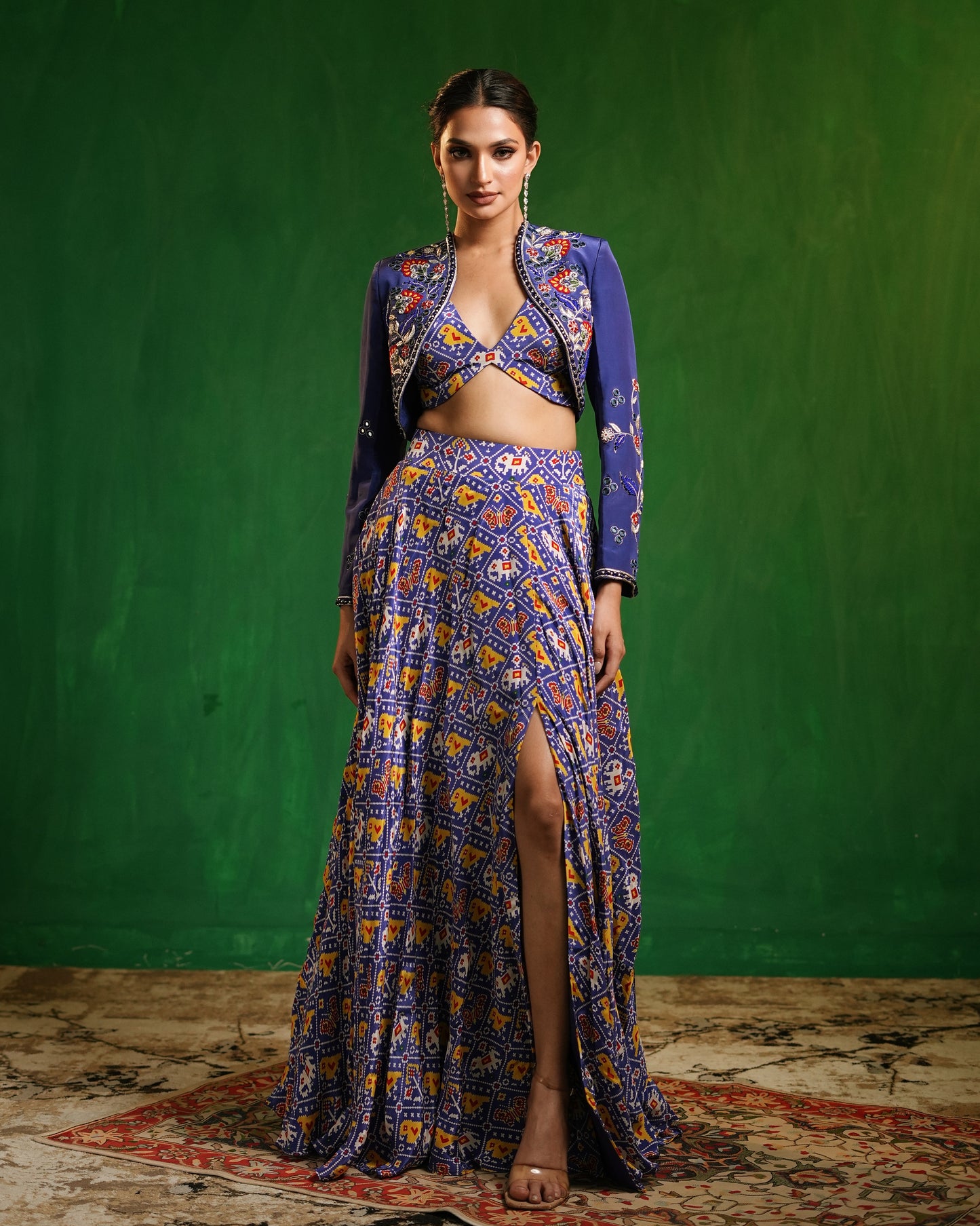 Blue Patola Printed Indo Lehenga  Set (Set of 3)