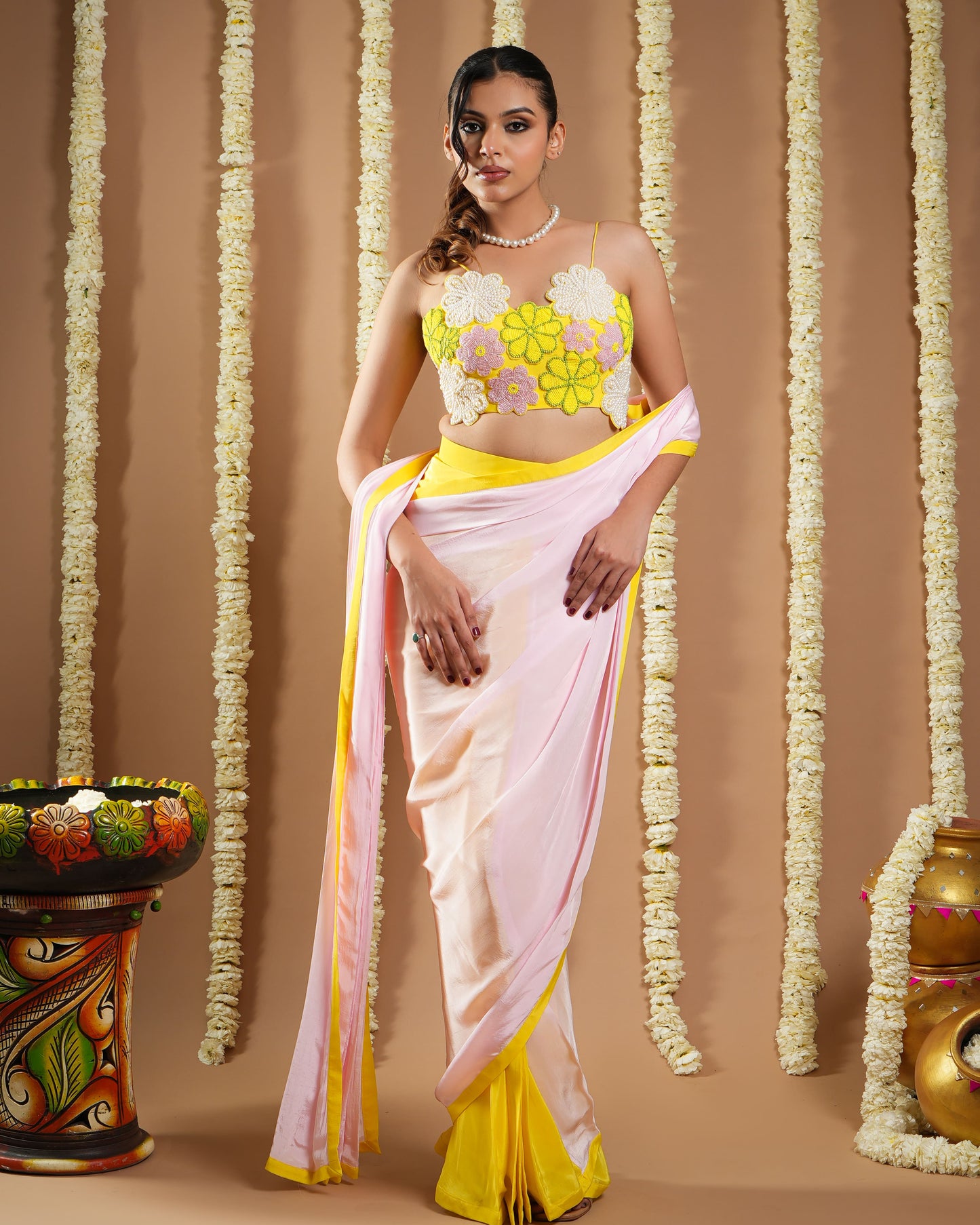 Yellow / Pink Flower Applique Pre Draped Saree (Set Of 2)