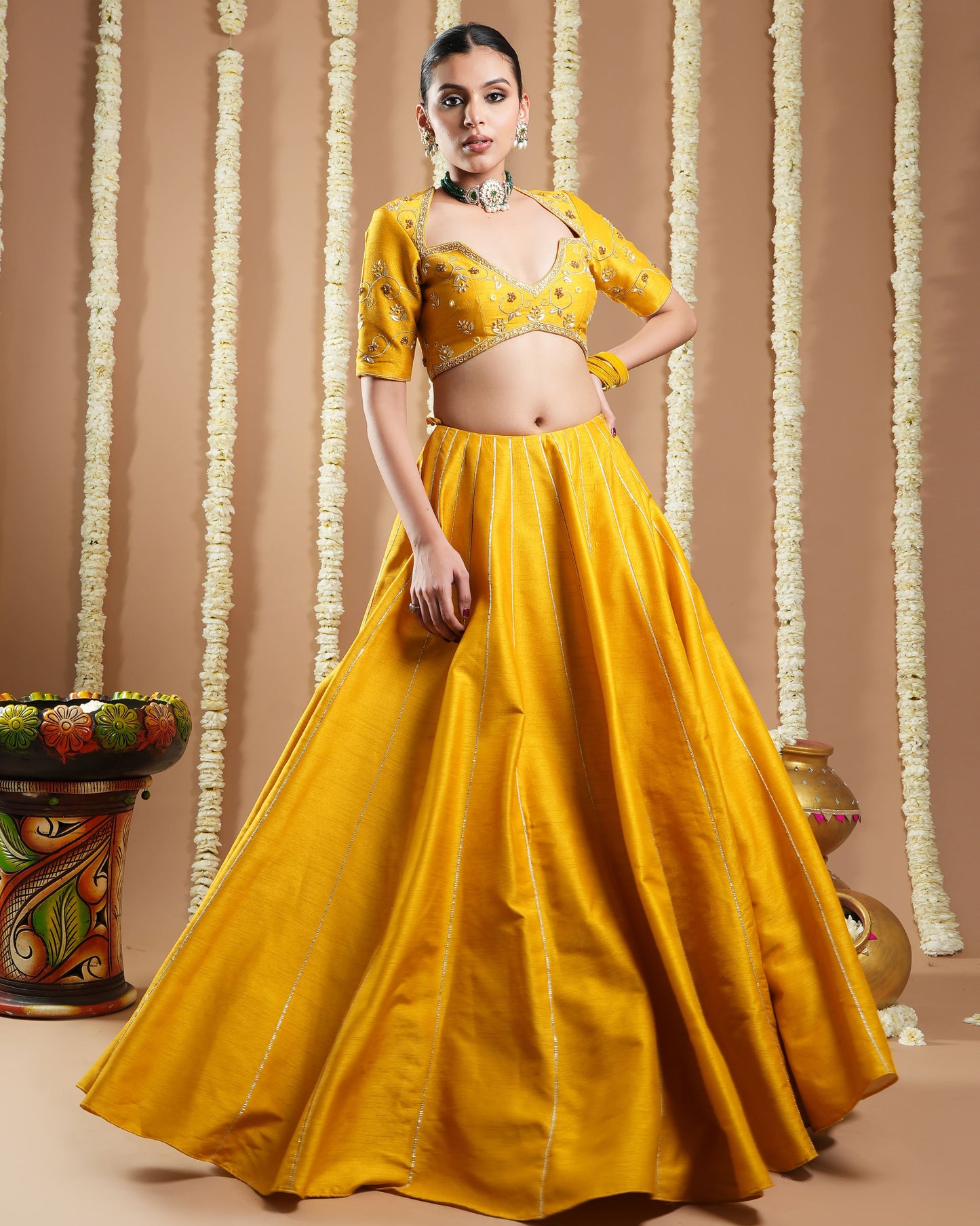 Mustard Yellow Heavy Slub Silk Lehenga Set (Set Of 3)