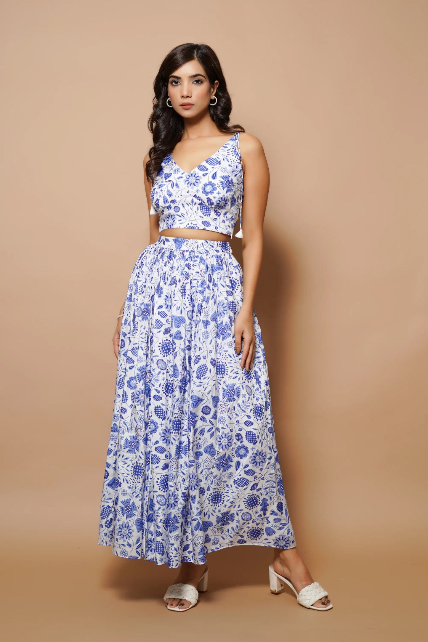 Block printed blue and white long skirt co-ord