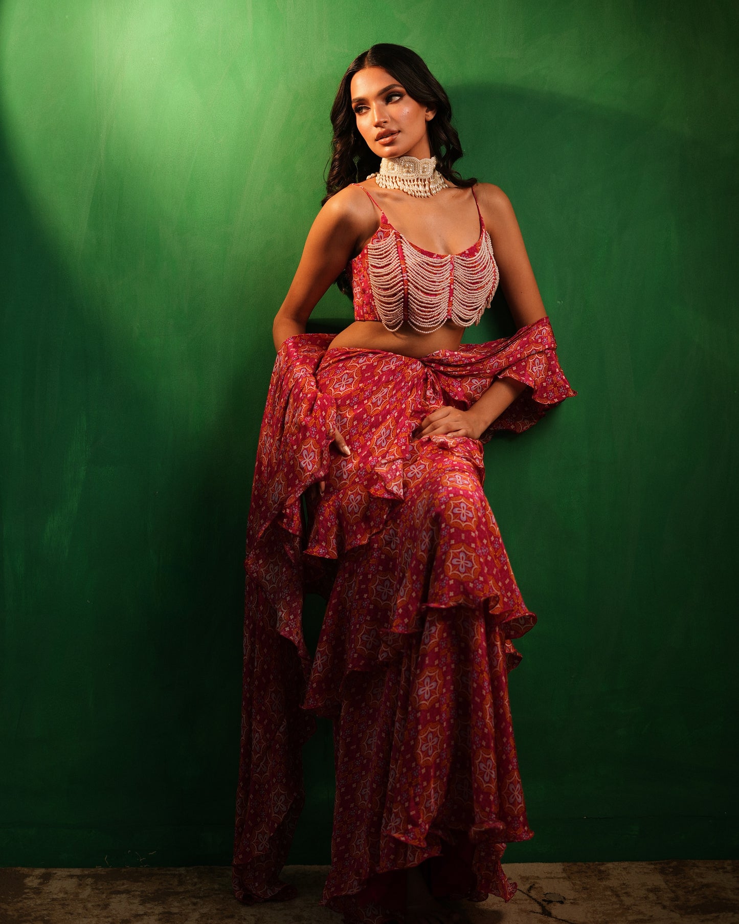 Fuchsia Mandla Digital Print Ruffle Pre Drape Saree Set (Set of 2)