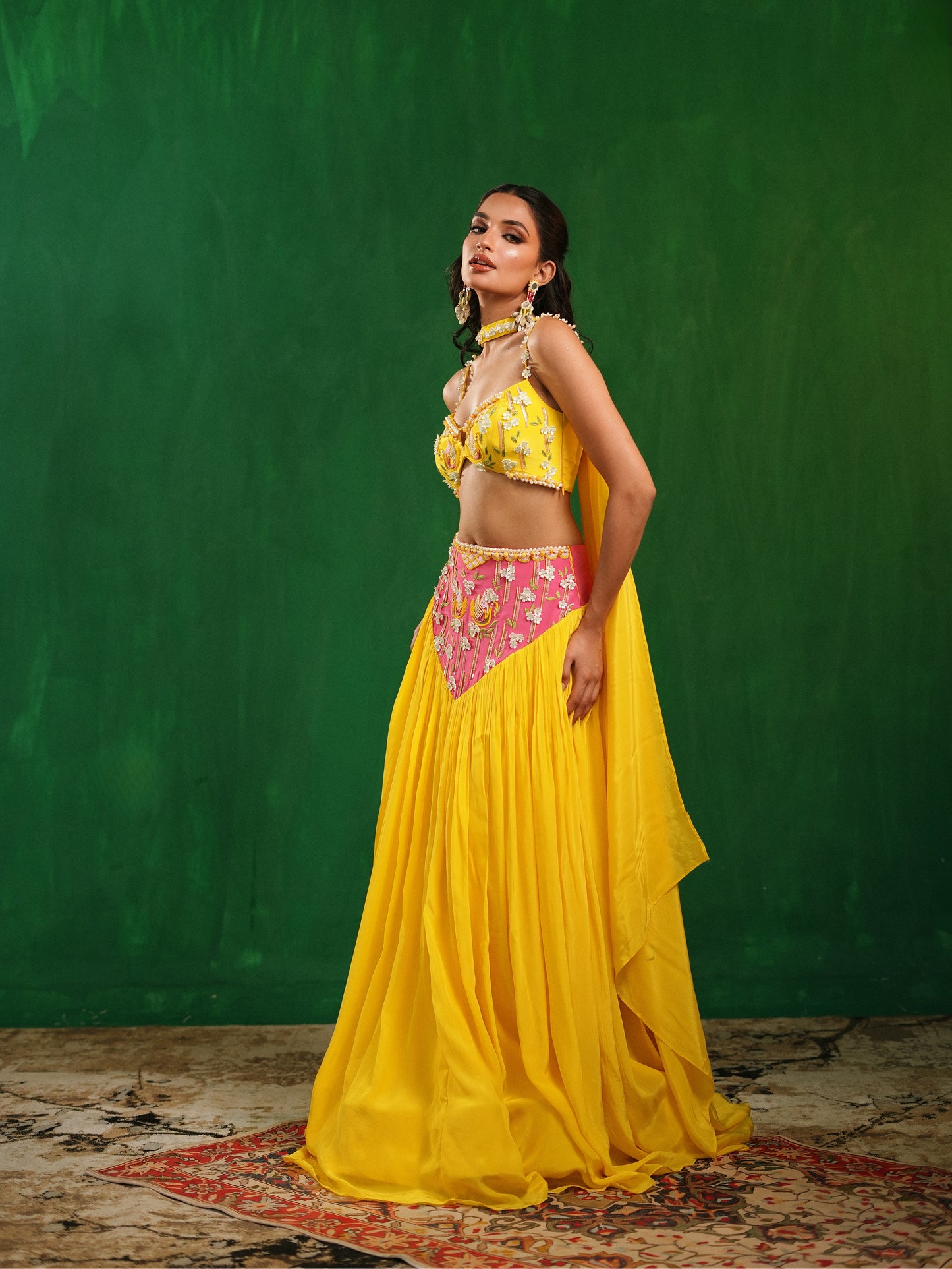 Yellow-Rose Pink Indo Lehenga Set (Set of 3)