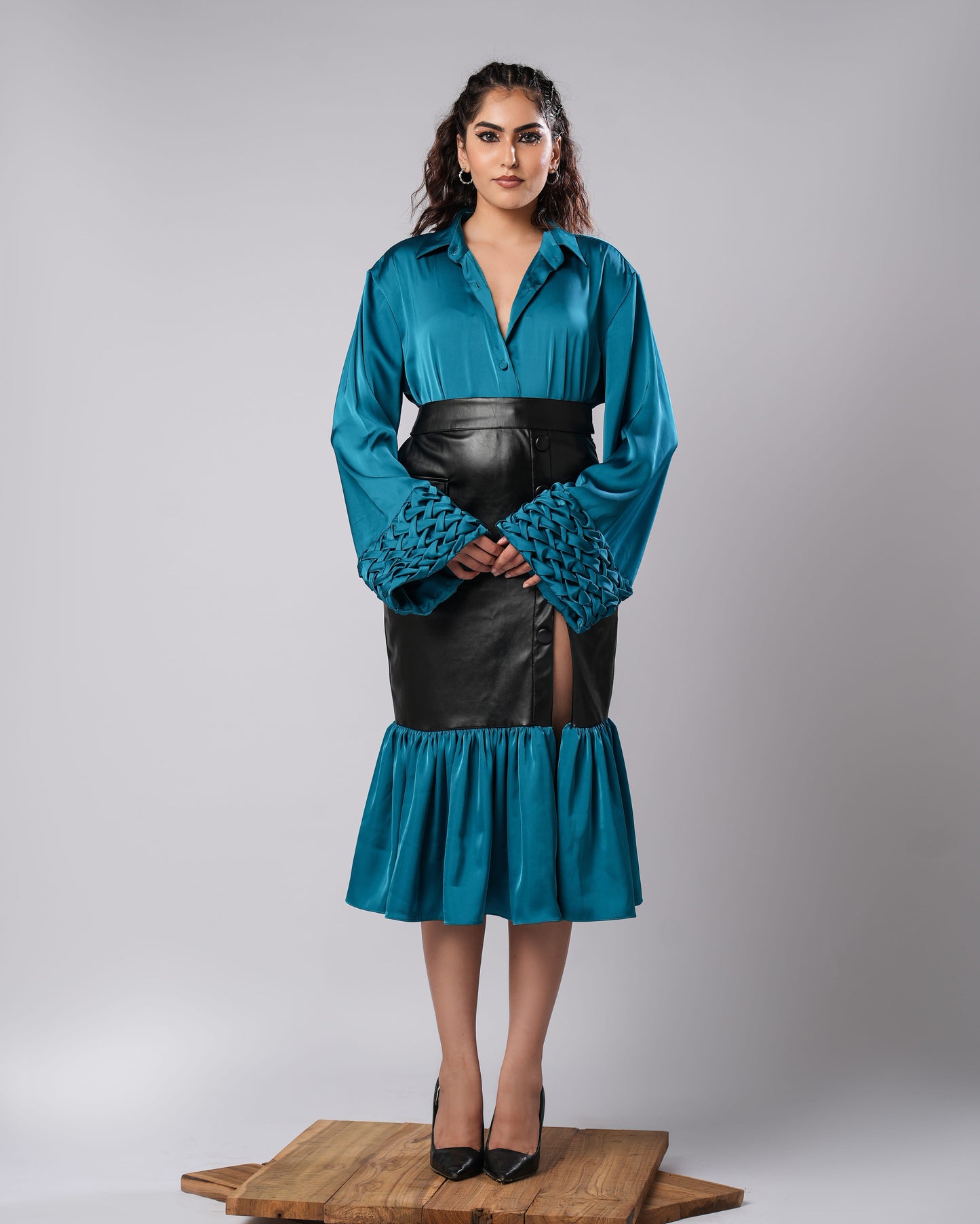 Jade - Teal Woven Shirt & Vegan Leather Skirt Co-Ord (SET OF 2)