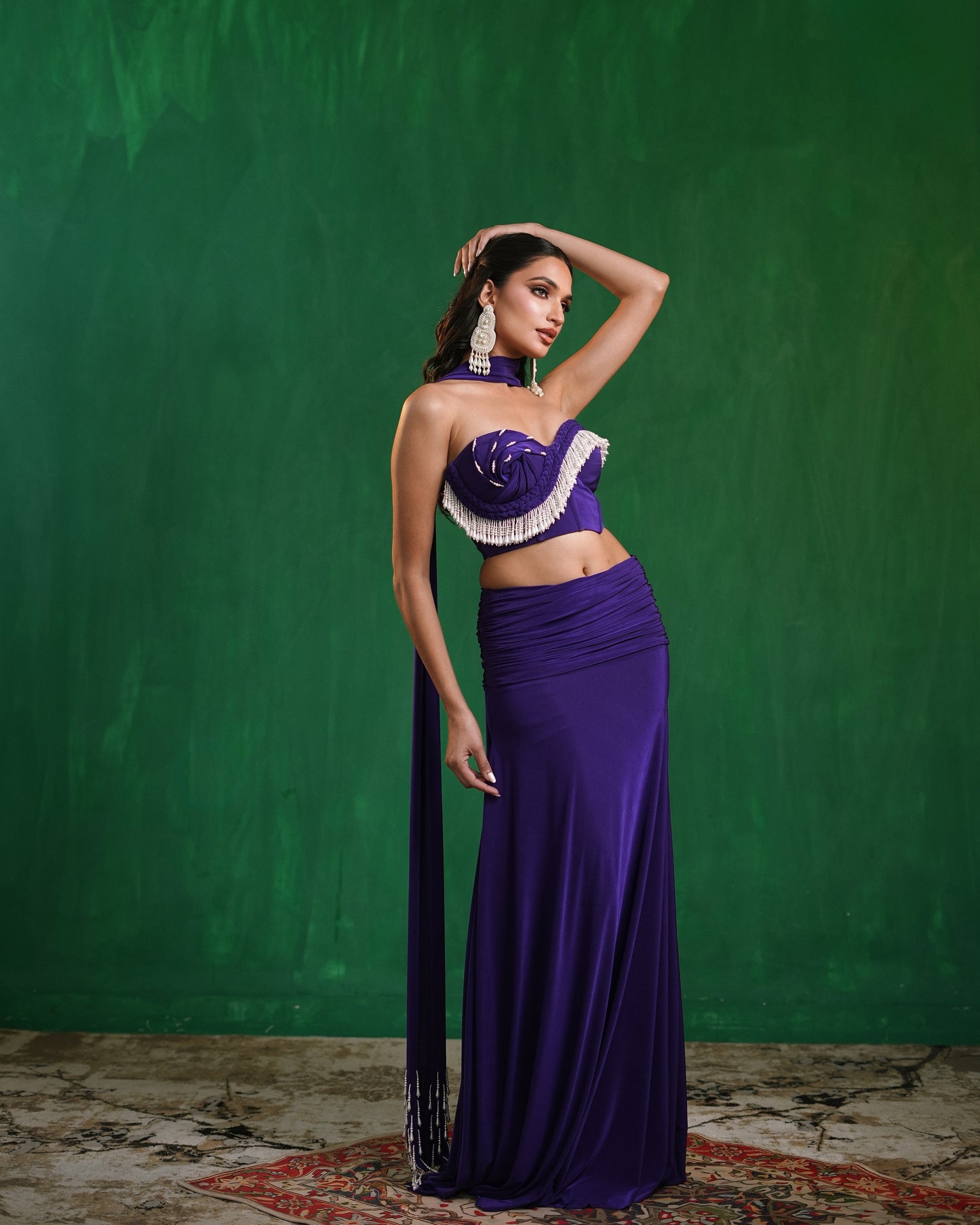 Royal Purple Drape Corset Indo Skirt Set  (Set of 3)