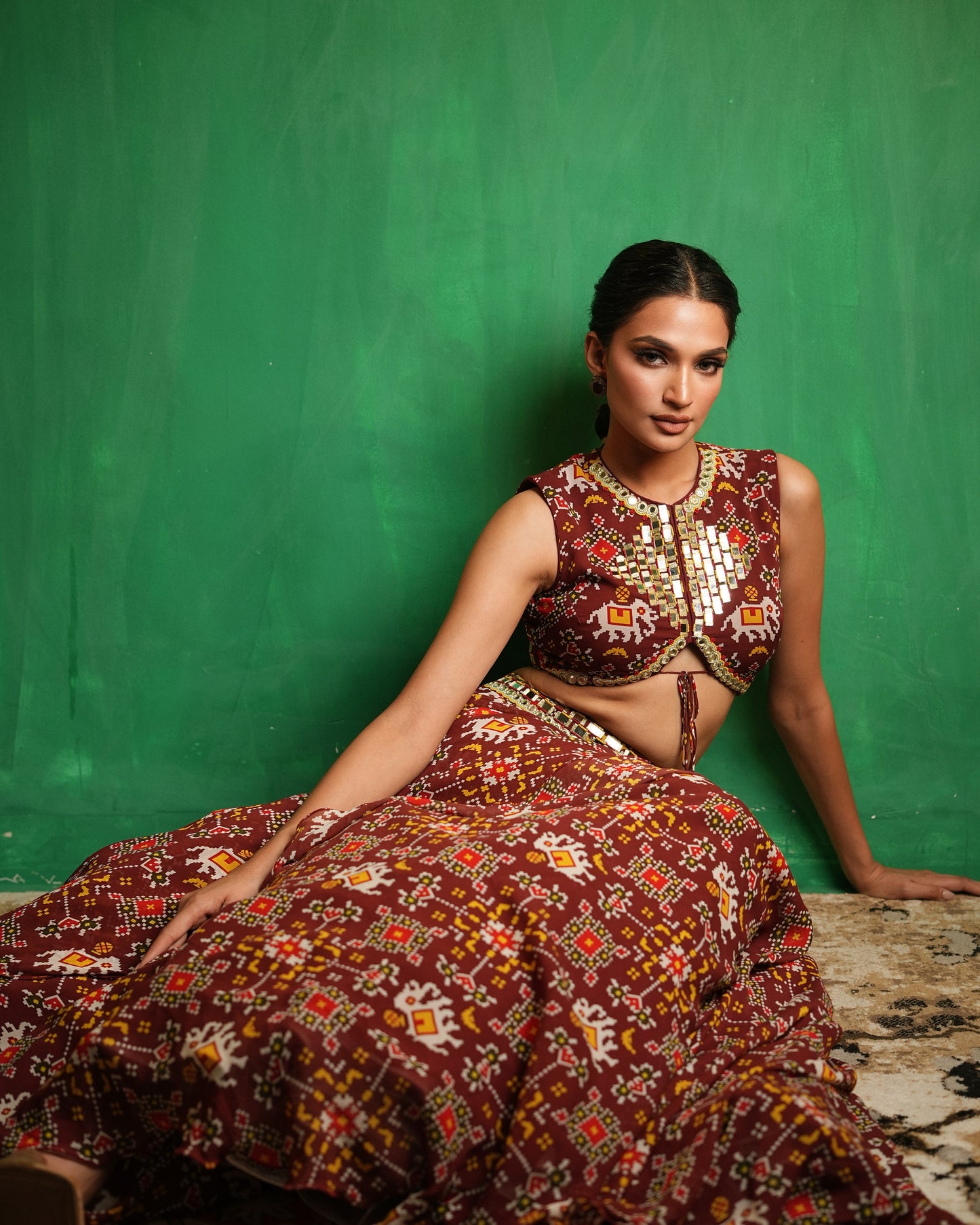 Maroon Patola Printed Indo Lehenga Set (Set of 2)