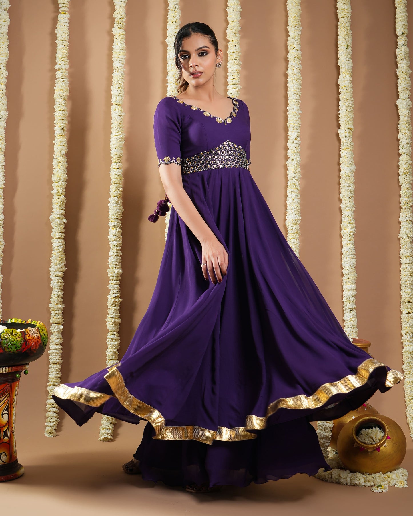 Dark Purple Georgette Anarkali Set (Set Of 3)