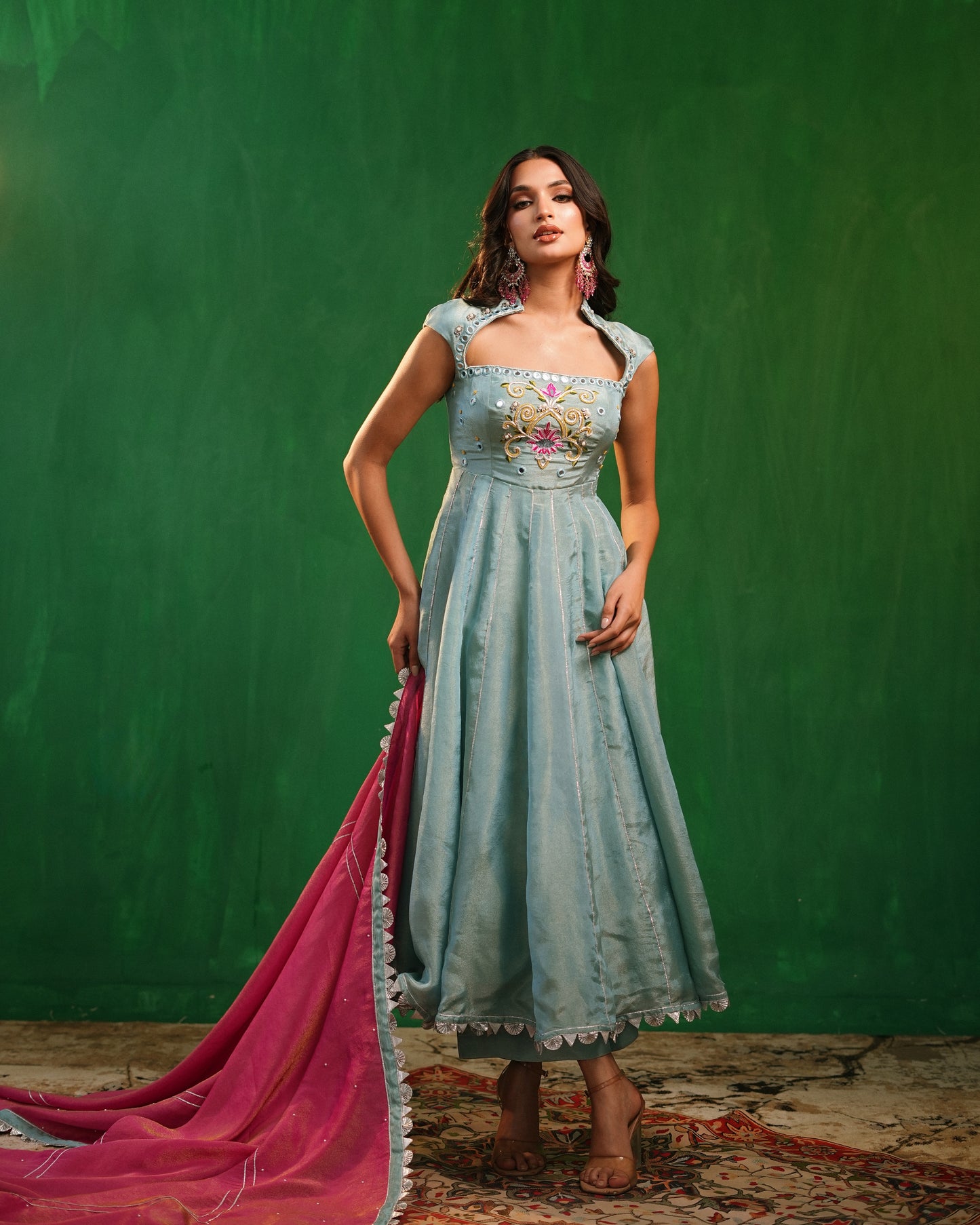 Aqua Blue Tissue Silk Heavy Anarkali Set  (Set of 3)