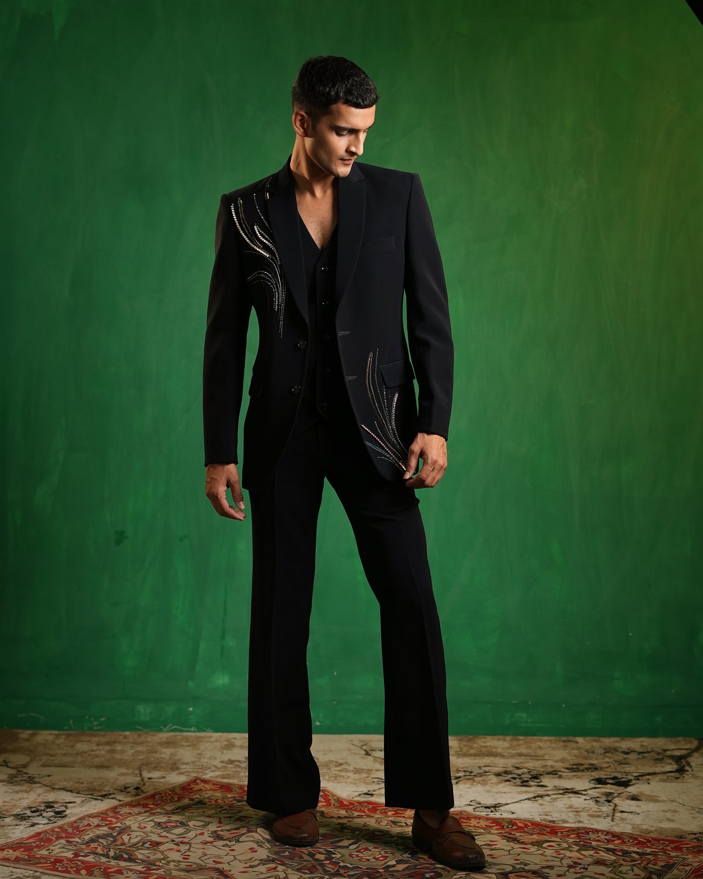Navy Blue Embellished Contemporary Suit Set (Set of 3)