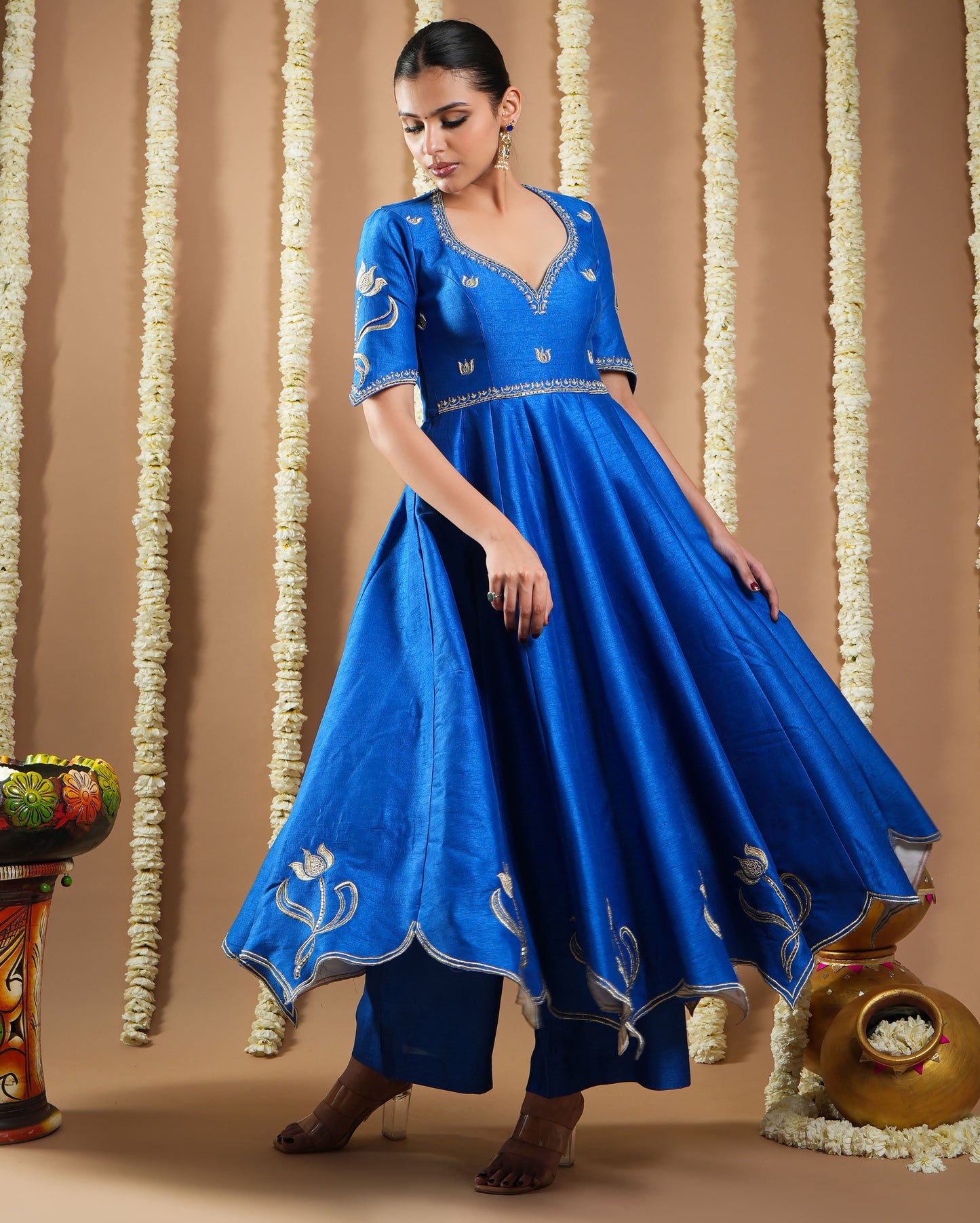 Royal Blue Silk Cutwork Anarkali Set (Set Of 3)