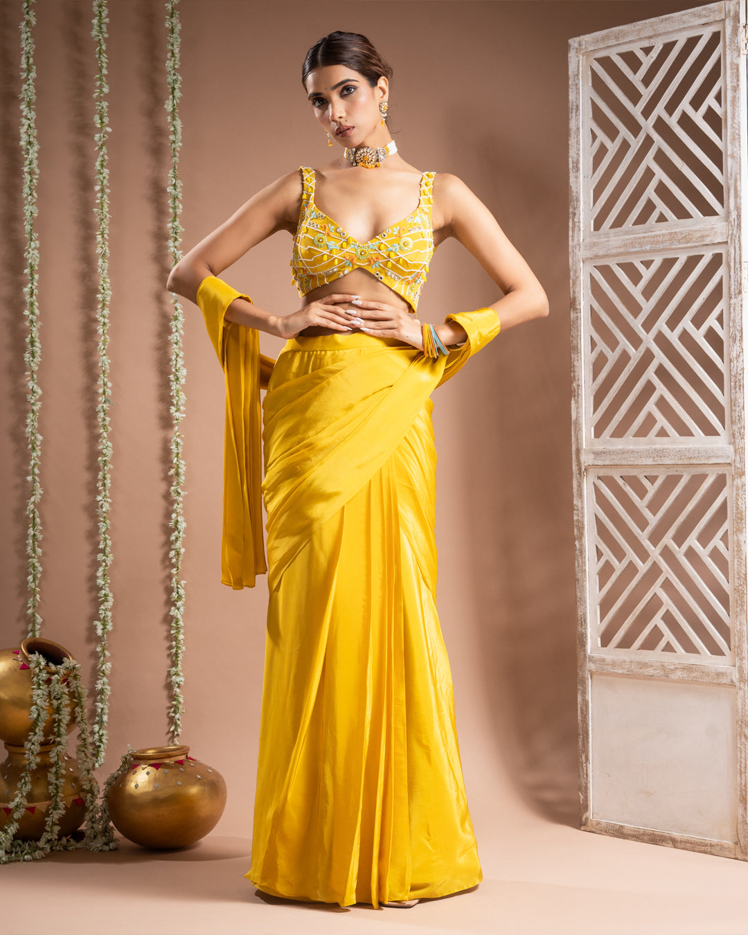 Canary Yellow Pre-Drape Saree Set (Set of 2)