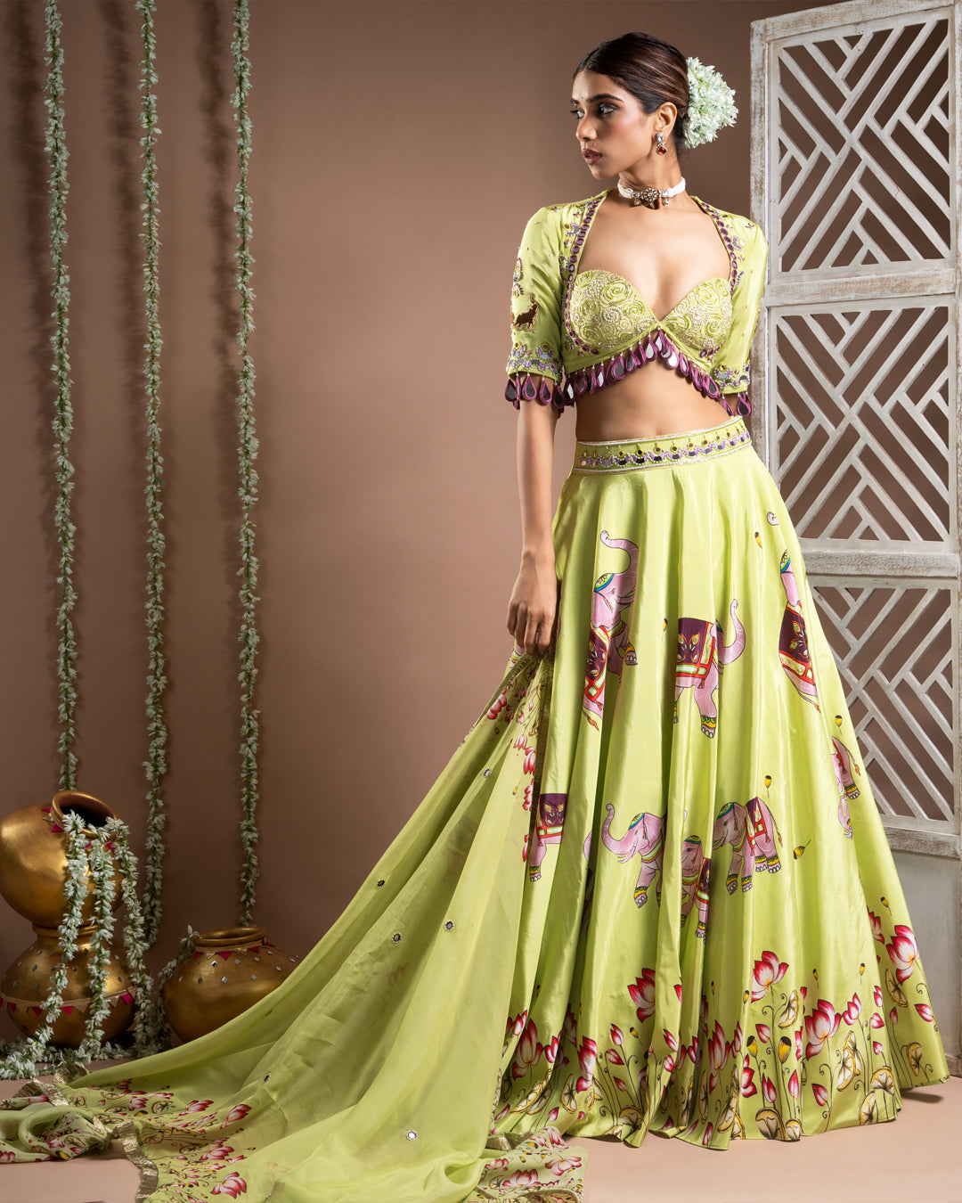 Elephant Print Green And Purple Heavy Lehenga Set (Set of 3)