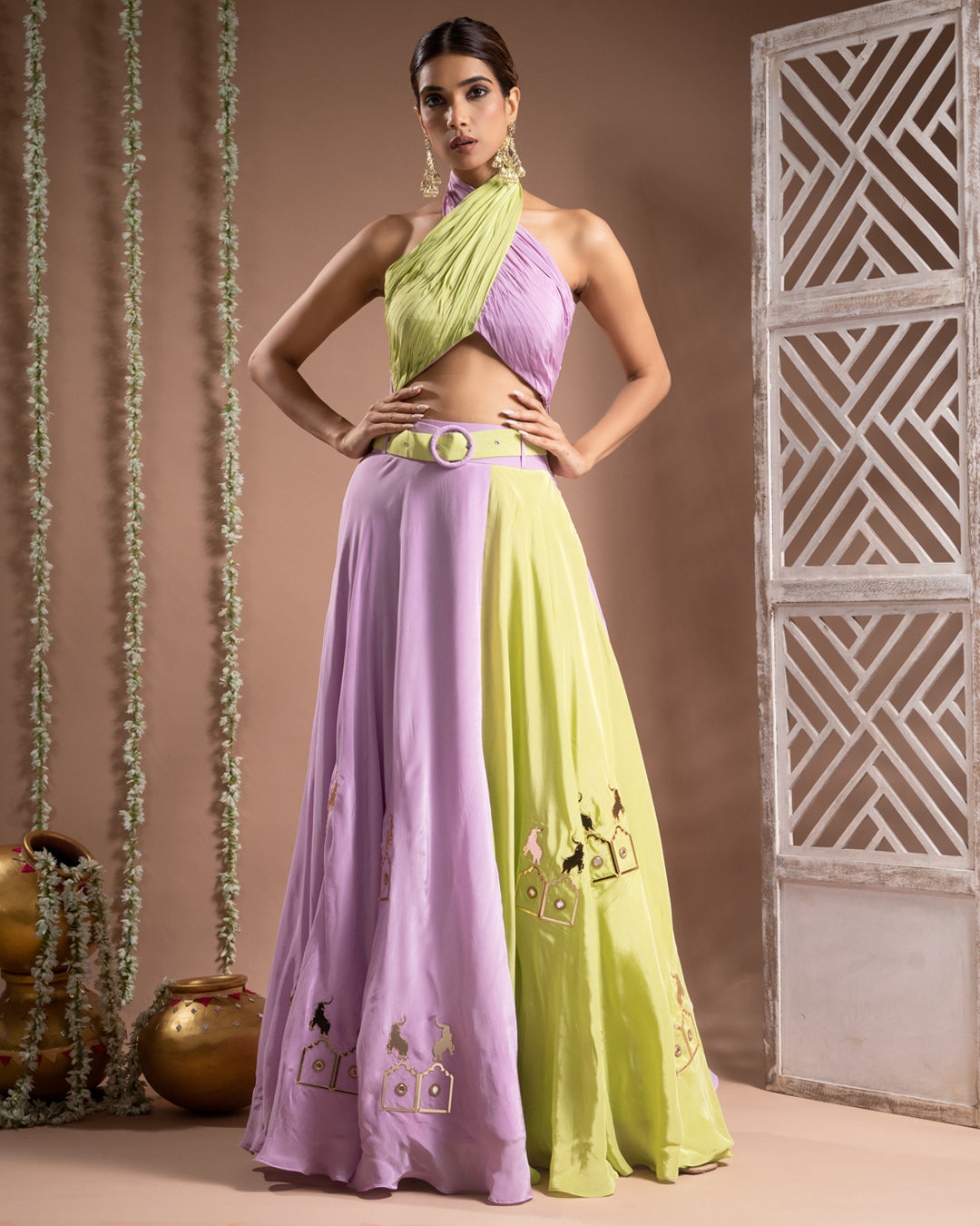 Green Lilac Indo Lehenga With Belt (Set of 2)