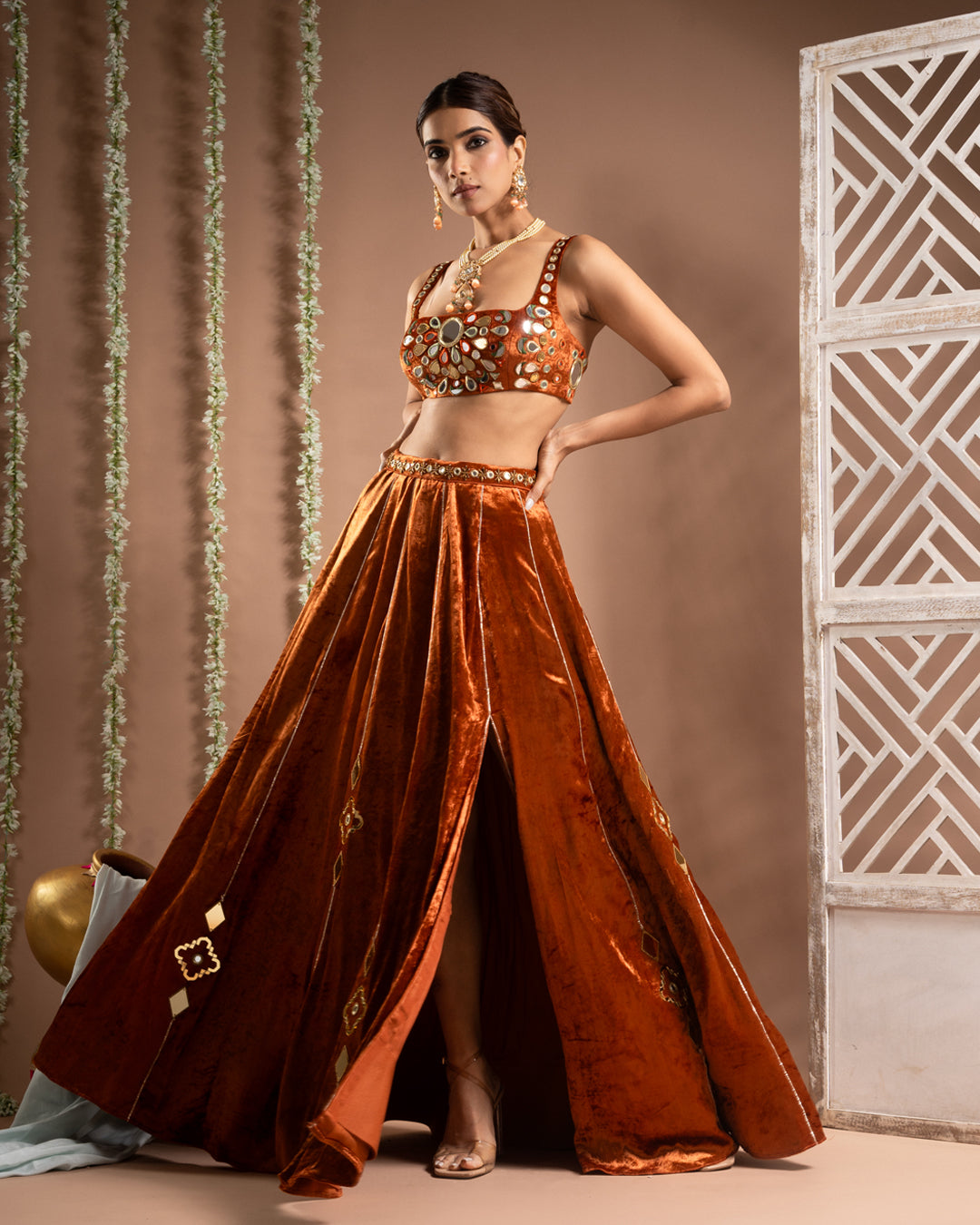 Rust Orange Velvet Indo Lehenga Set (Set of 2)