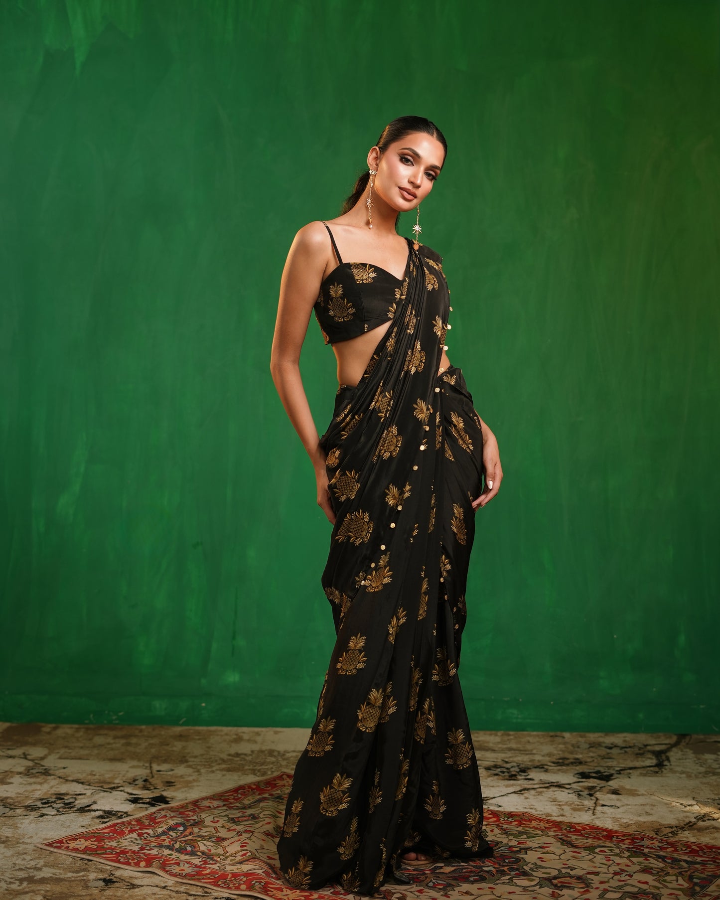 Pineapple Print Pre-Drape Saree With Statement Organza Poncho Set (Set of 3)