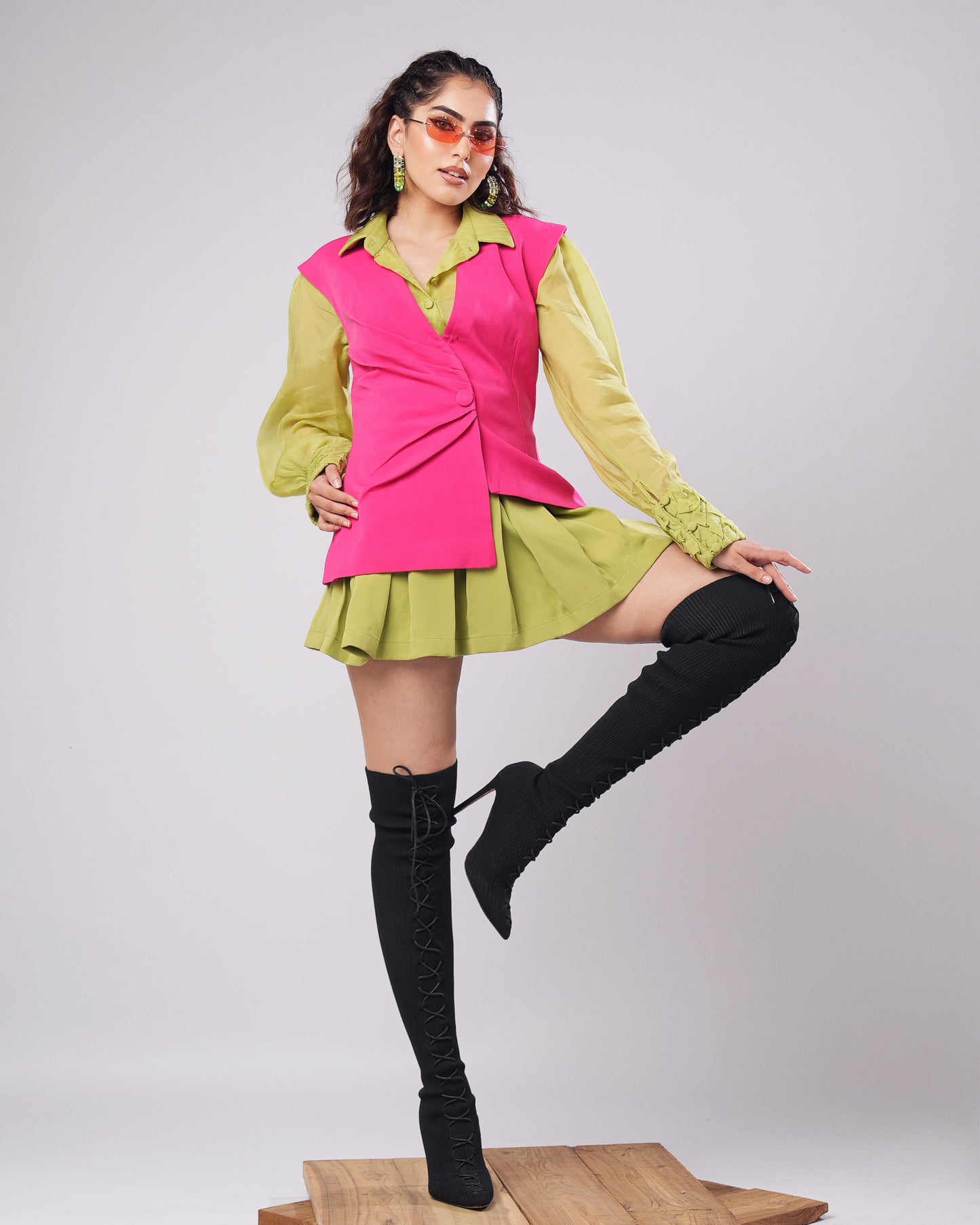 Poppy - Lime Green Organza Shirt With Hot Pink Waistcoat & Pleated Mini Skirt (SET OF 3)