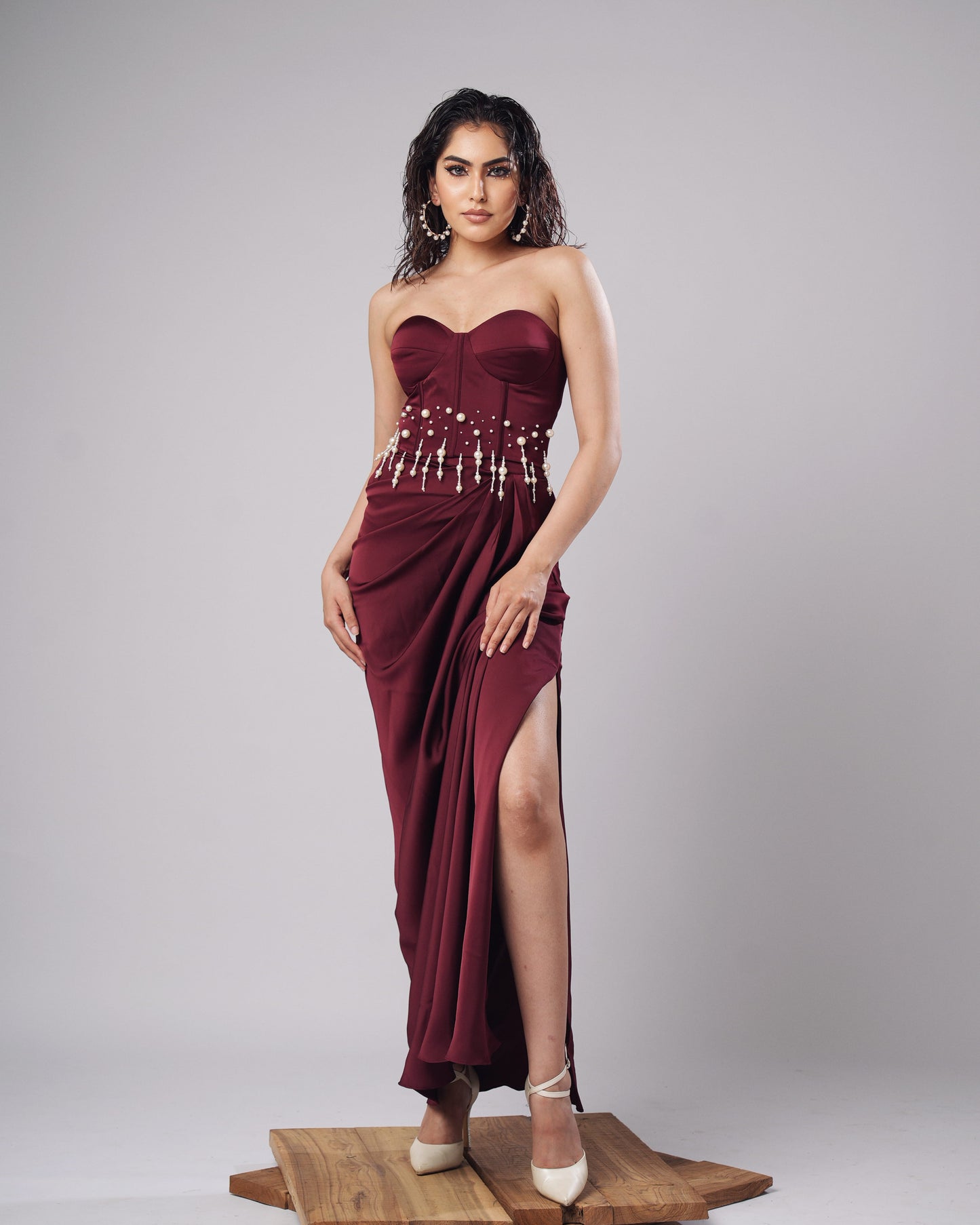 Olivia - Burgundy Pearl Corset Drape Set (SET OF 2)