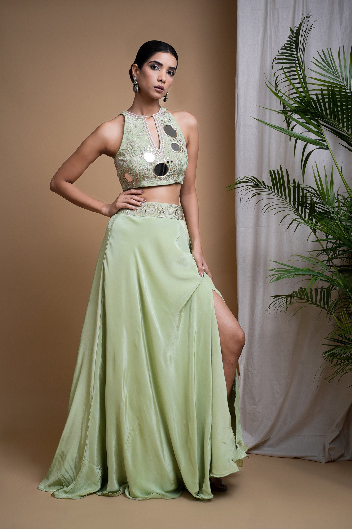 PASTEL PISTACHIO GREEN INDO SKIRT SET  (SET OF 2)