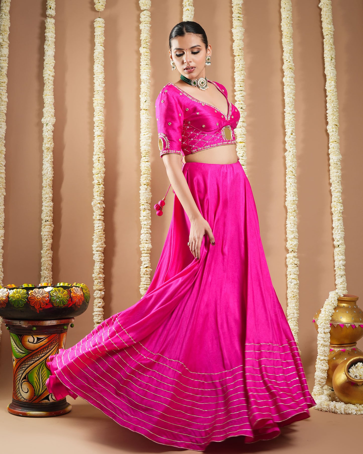 Hot Pink Silk Heavy Lehenga Set (Set Of 3)