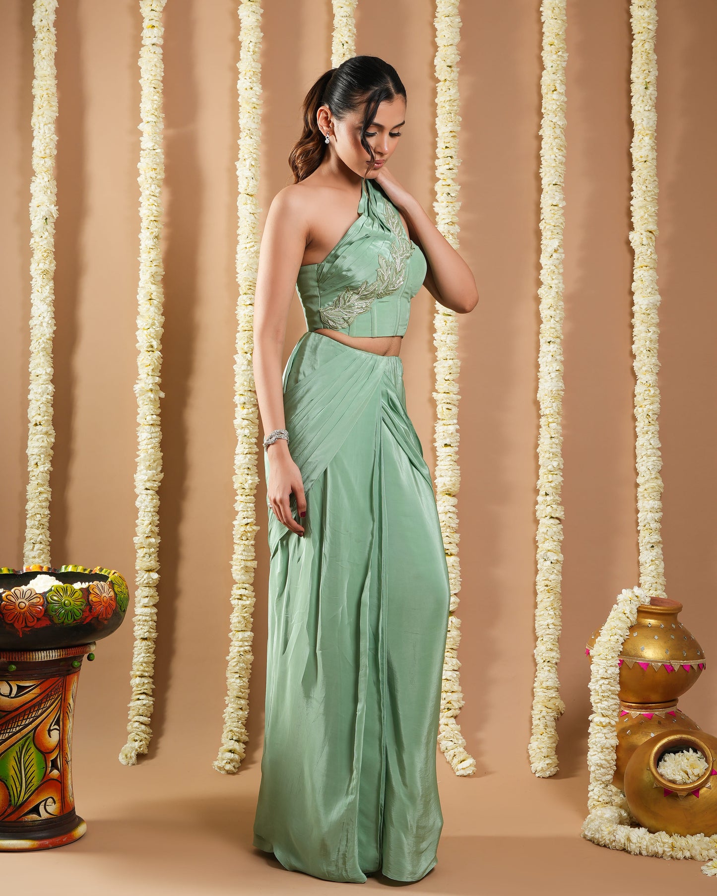 Mint Green Patchwork Corset Draped Saree (Set of 2)