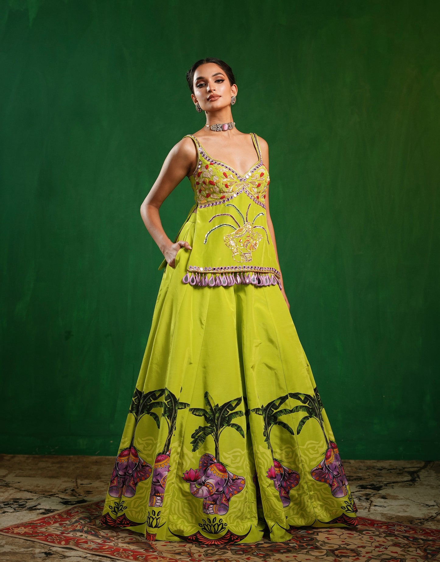 Green Purple Elephant Printed Indo Lehenga Set (Set of 2)