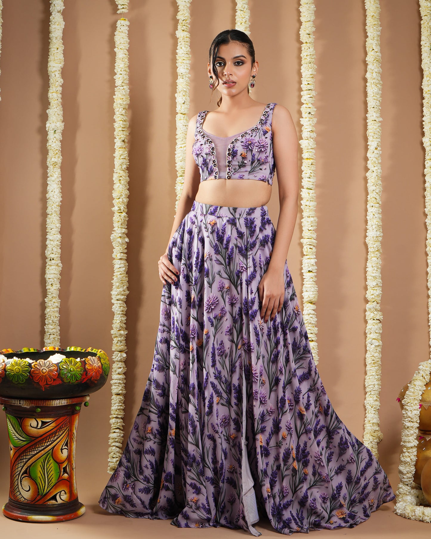 Violet-Lilac Printed Indo Lehenga Set  (Set Of 2)