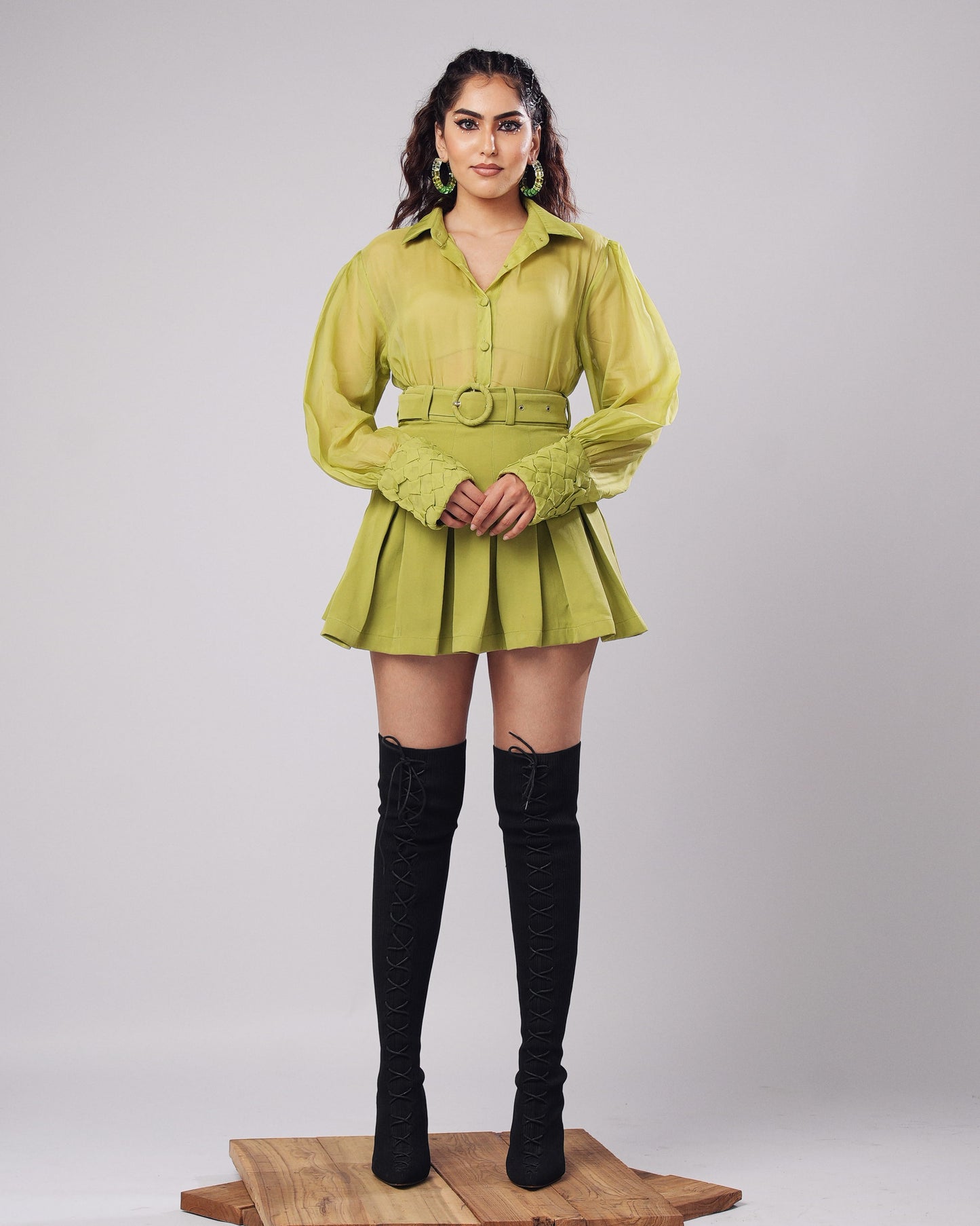 Poppy - Lime Green Organza Shirt With Hot Pink Waistcoat & Pleated Mini Skirt (SET OF 3)