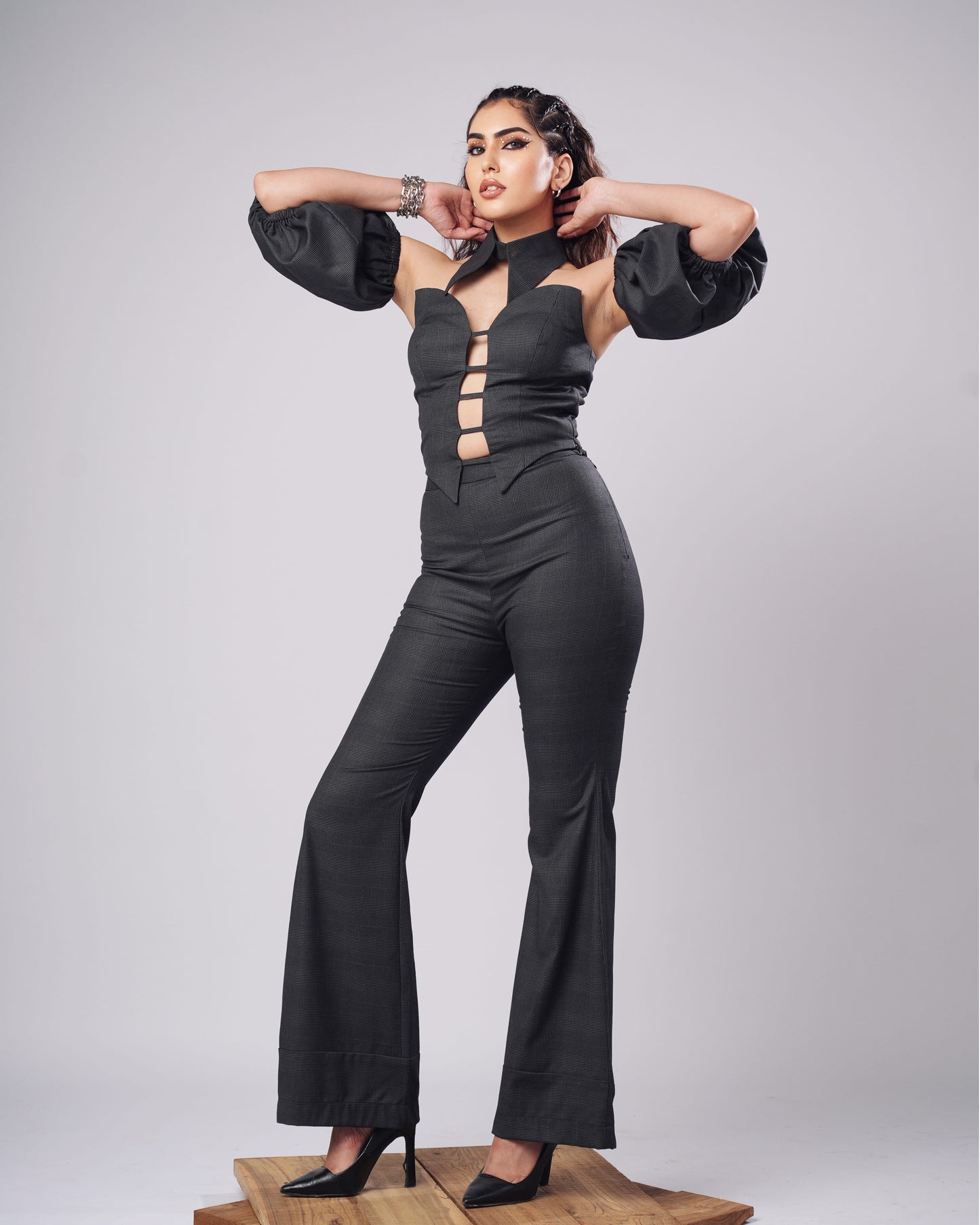 Heidi - Charcoal Check Corset Top With Puff Sleeves & Flared Trousers (SET OF 4)