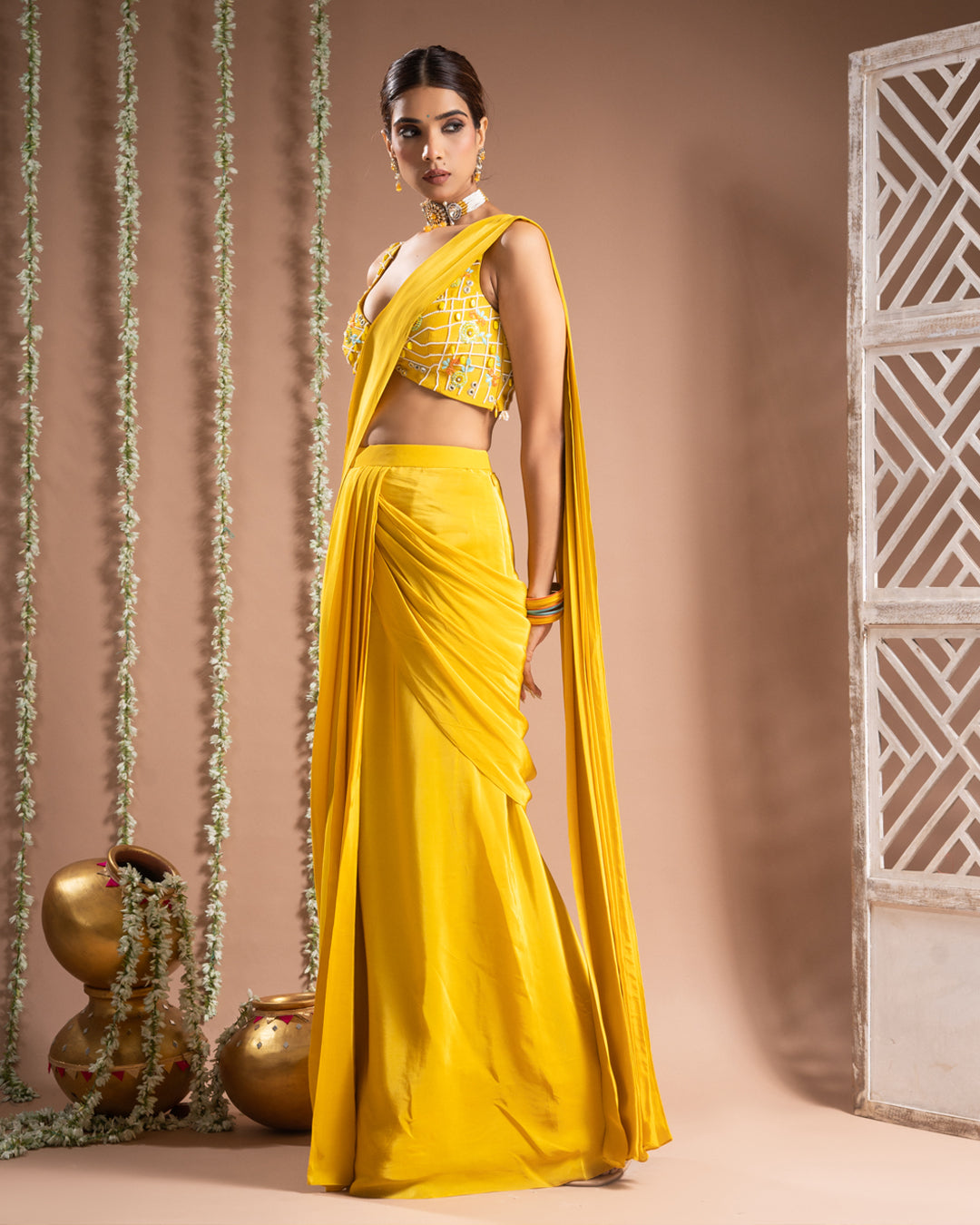 Canary Yellow Pre-Drape Saree Set (Set of 2)