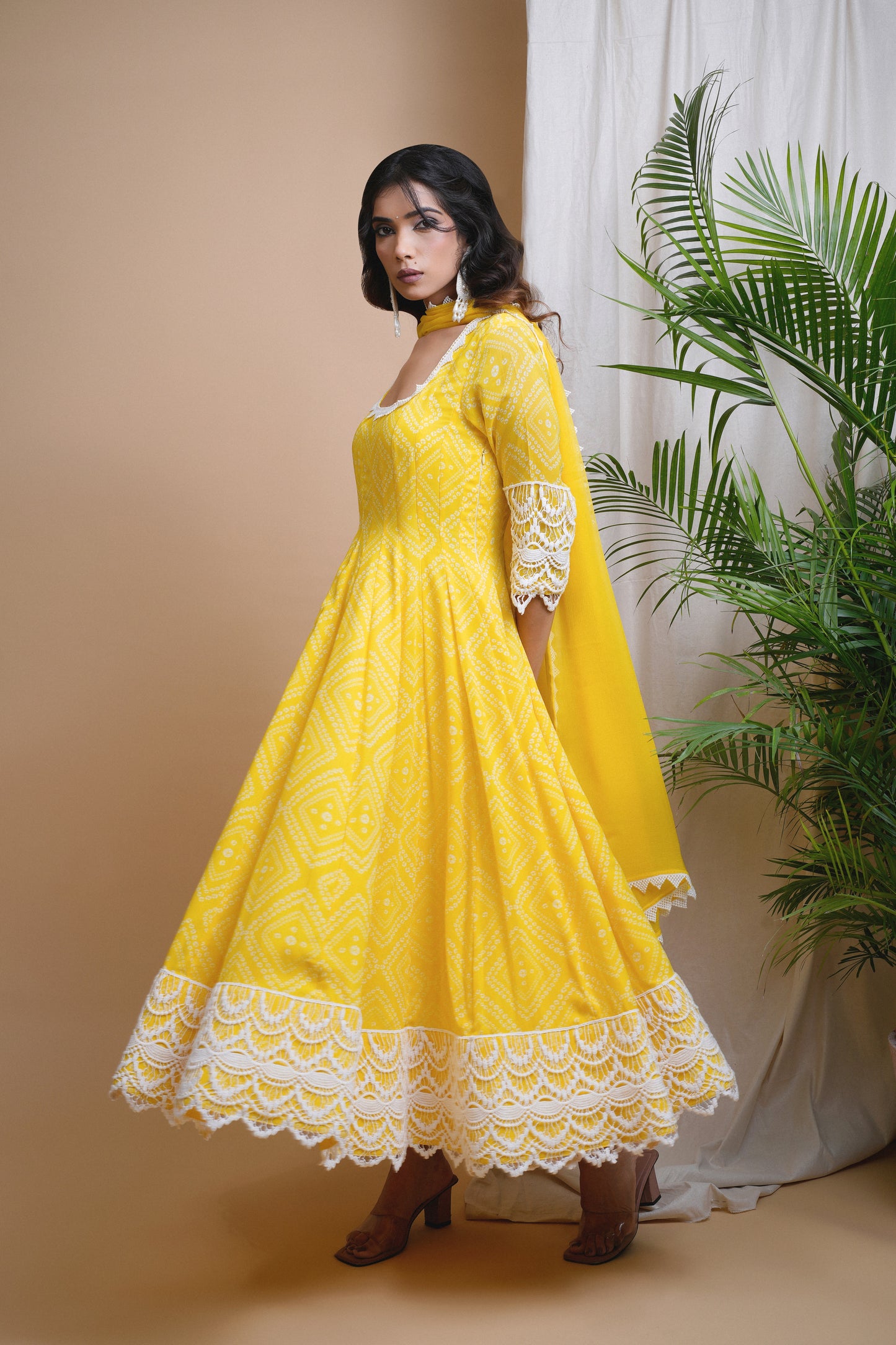 YELLOW BANDHANI DIGITAL PRINT ANARKALI SET (SET OF 3)