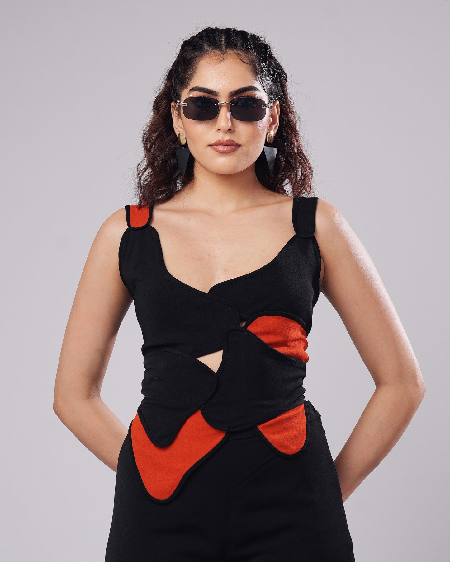 Helen - Black & Rust Sculpted Corset Top With Flared Trouser