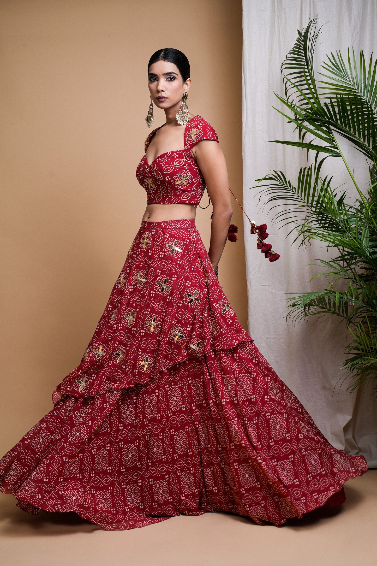 RED BANDHANI DIGITAL PRINT INDO LEHENGA SET  (SET OF 2)