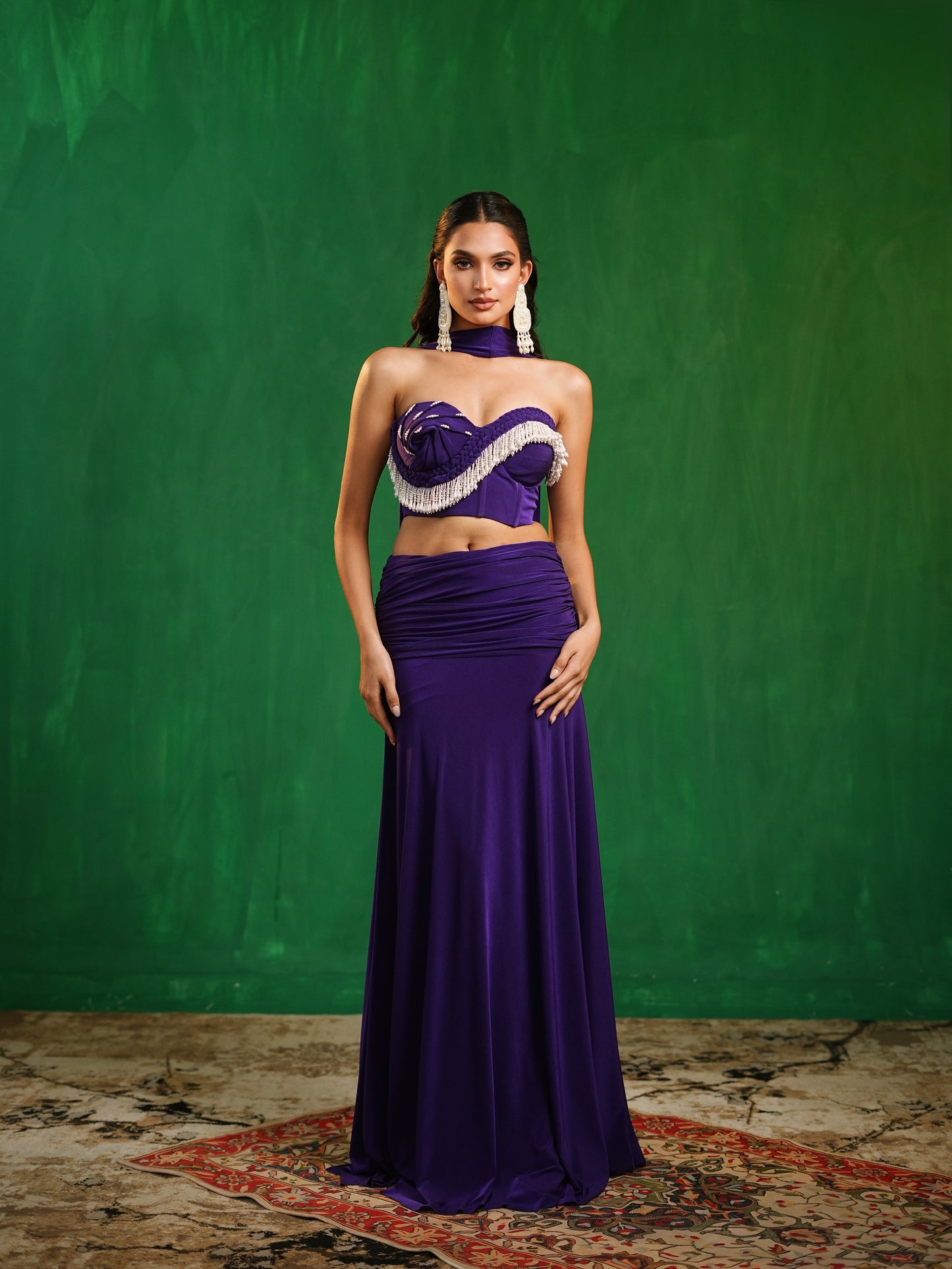 Royal Purple Drape Corset Indo Skirt Set  (Set of 3)