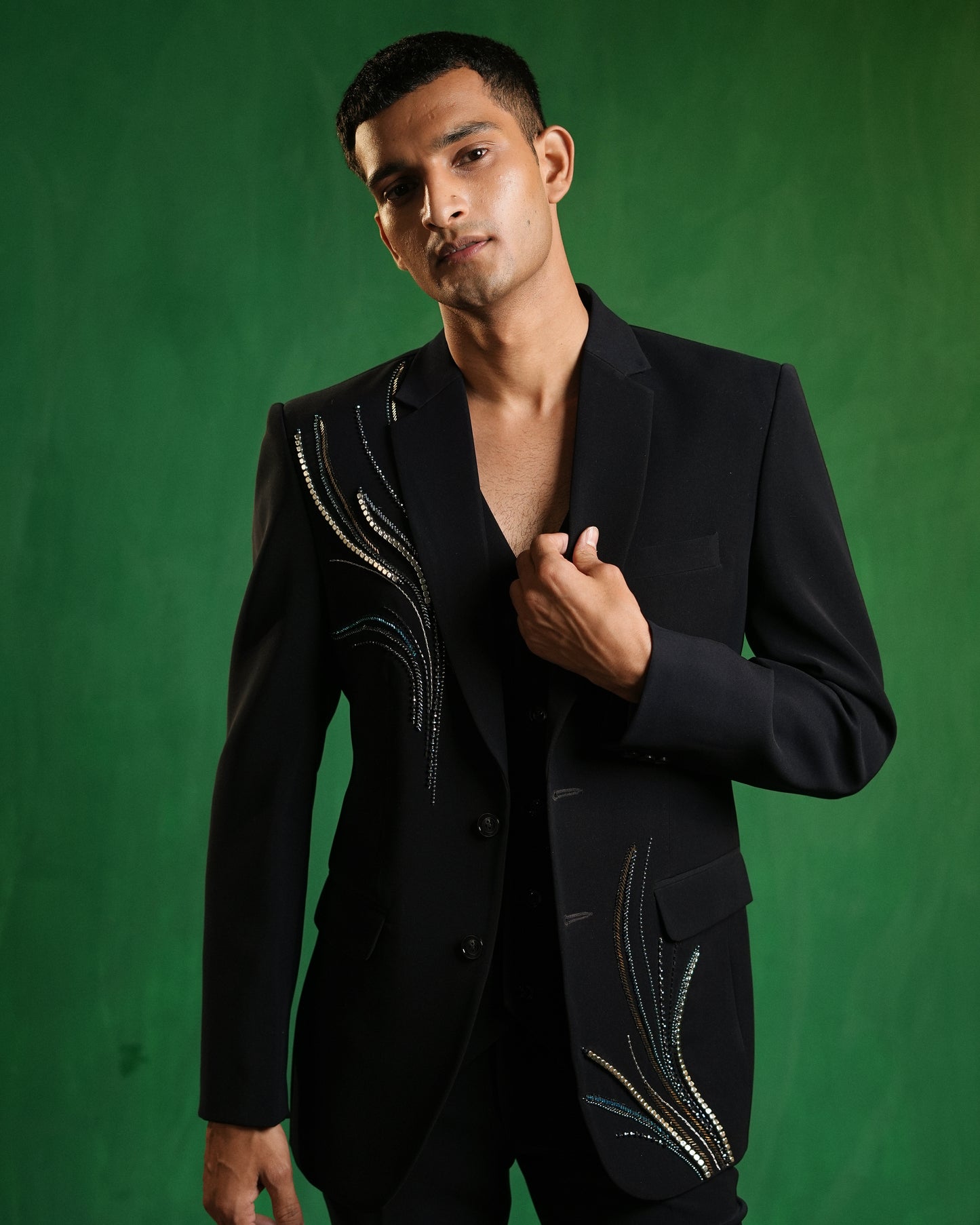 Navy Blue Embellished Contemporary Suit Set (Set of 3)