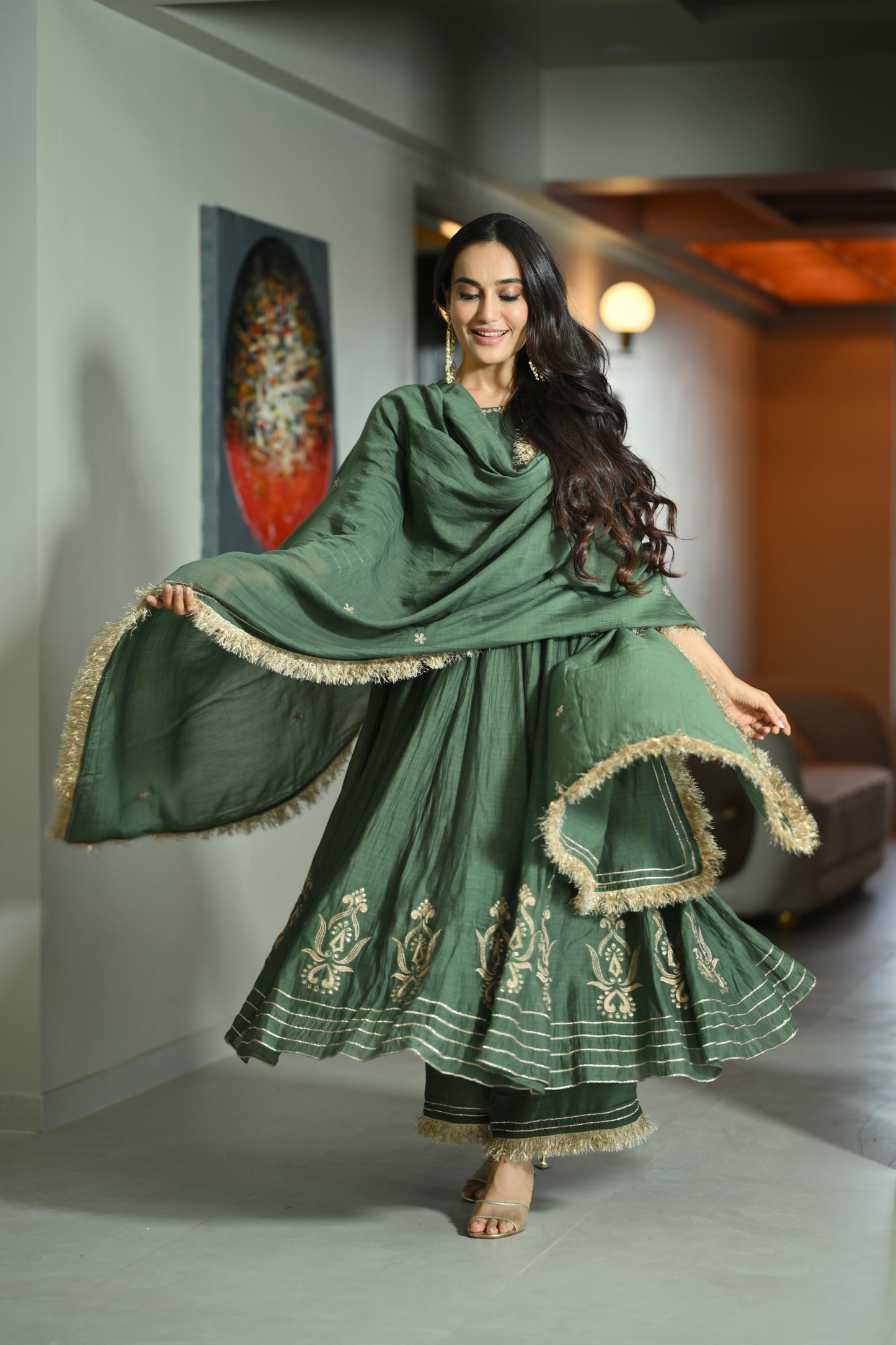 Mehendi Green Chanderi Silk Anarkali Suit Set (Set of 3)